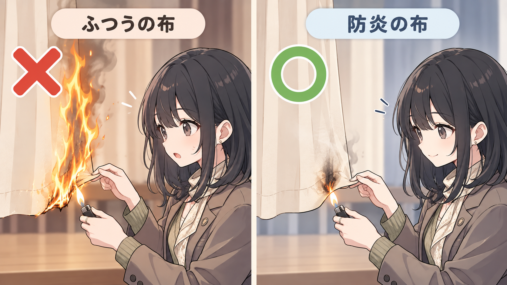 ふつうの布は火が一気に燃え広がる。防炎の布は触れた部分だけ焦げて広がらない