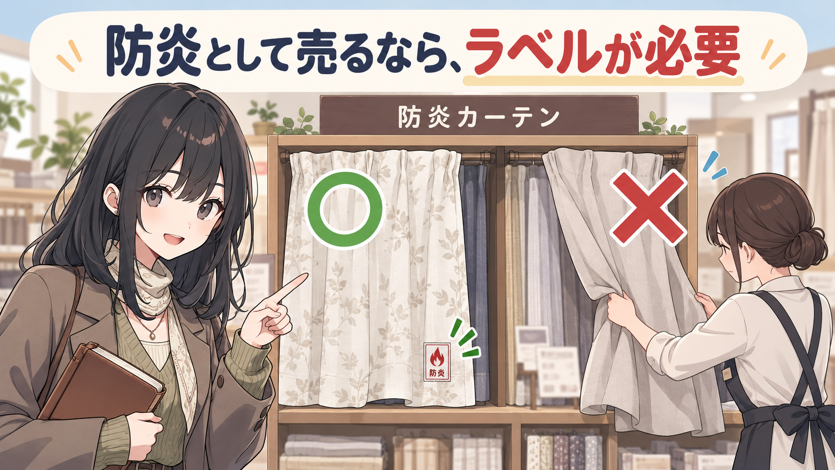防炎ラベルの付いたカーテンは売り場にマル、ラベルのないカーテンはバツで棚から下げられる