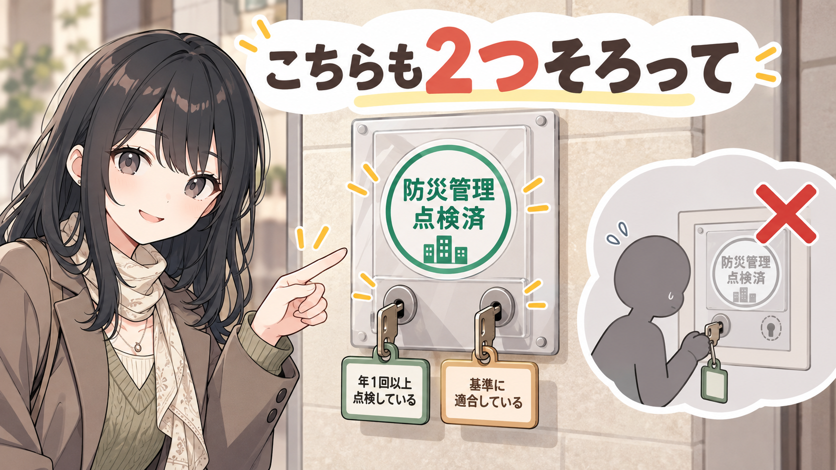 防災管理点検済シールの台座に2つの鍵穴。年1回以上点検している、基準に適合しているの2本の鍵が必要