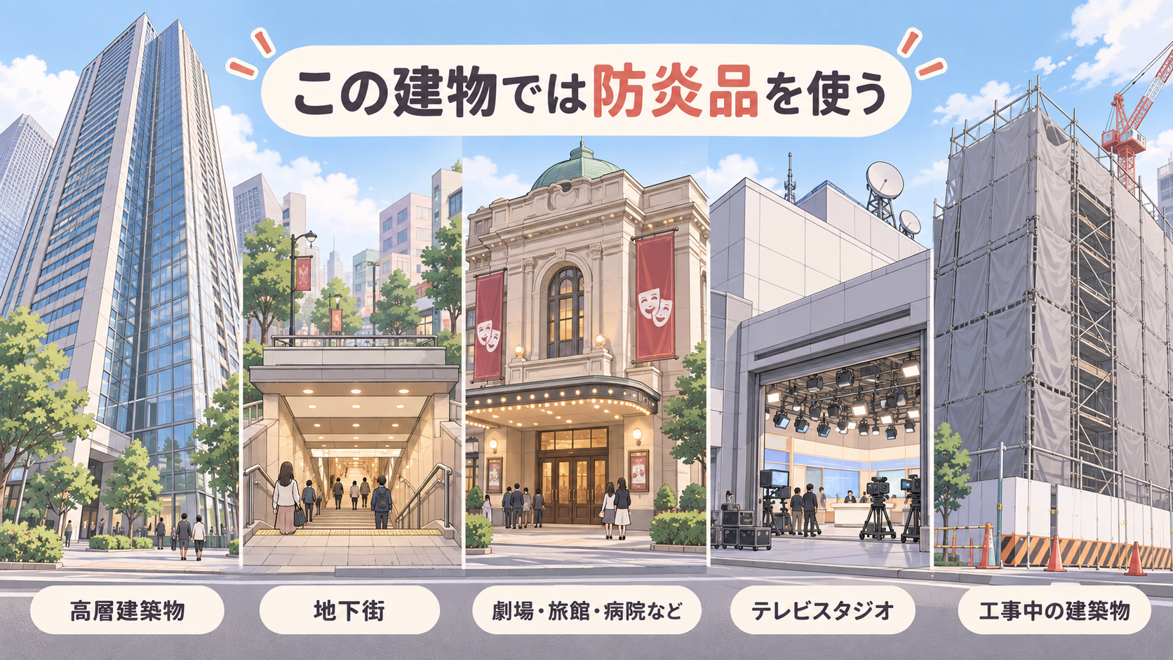 高層建築物、地下街、劇場・旅館・病院など、テレビスタジオ、工事中の建築物が並んだ一覧
