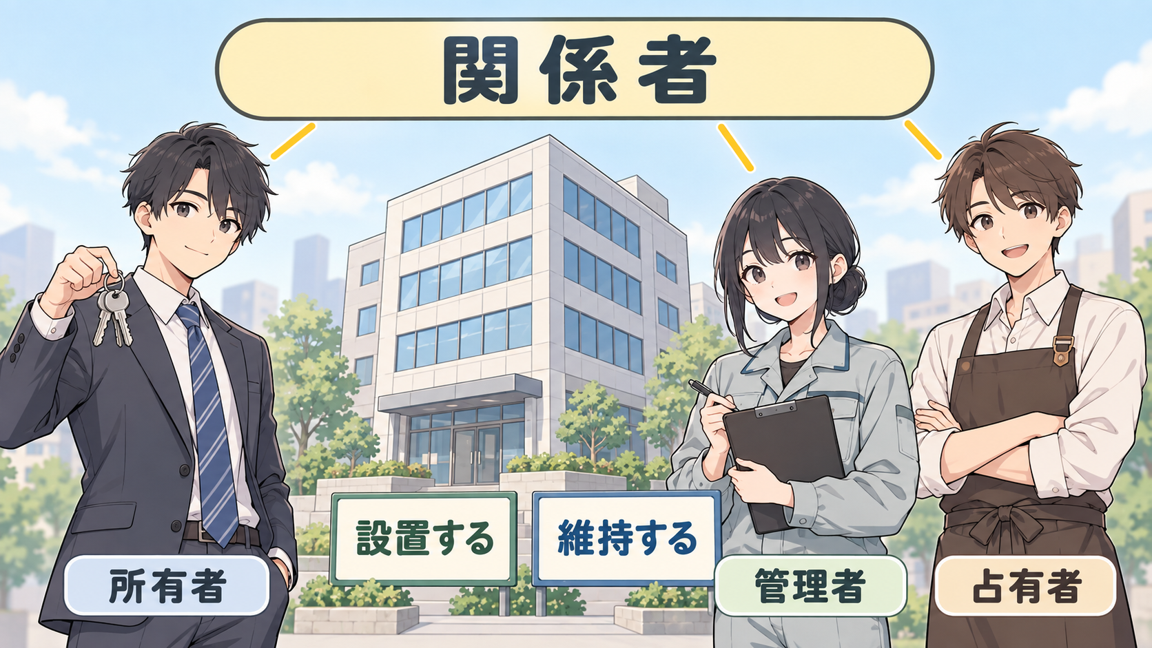 所有者・管理者・占有者の3人がビルを囲み、設置する・維持するの看板が立っている