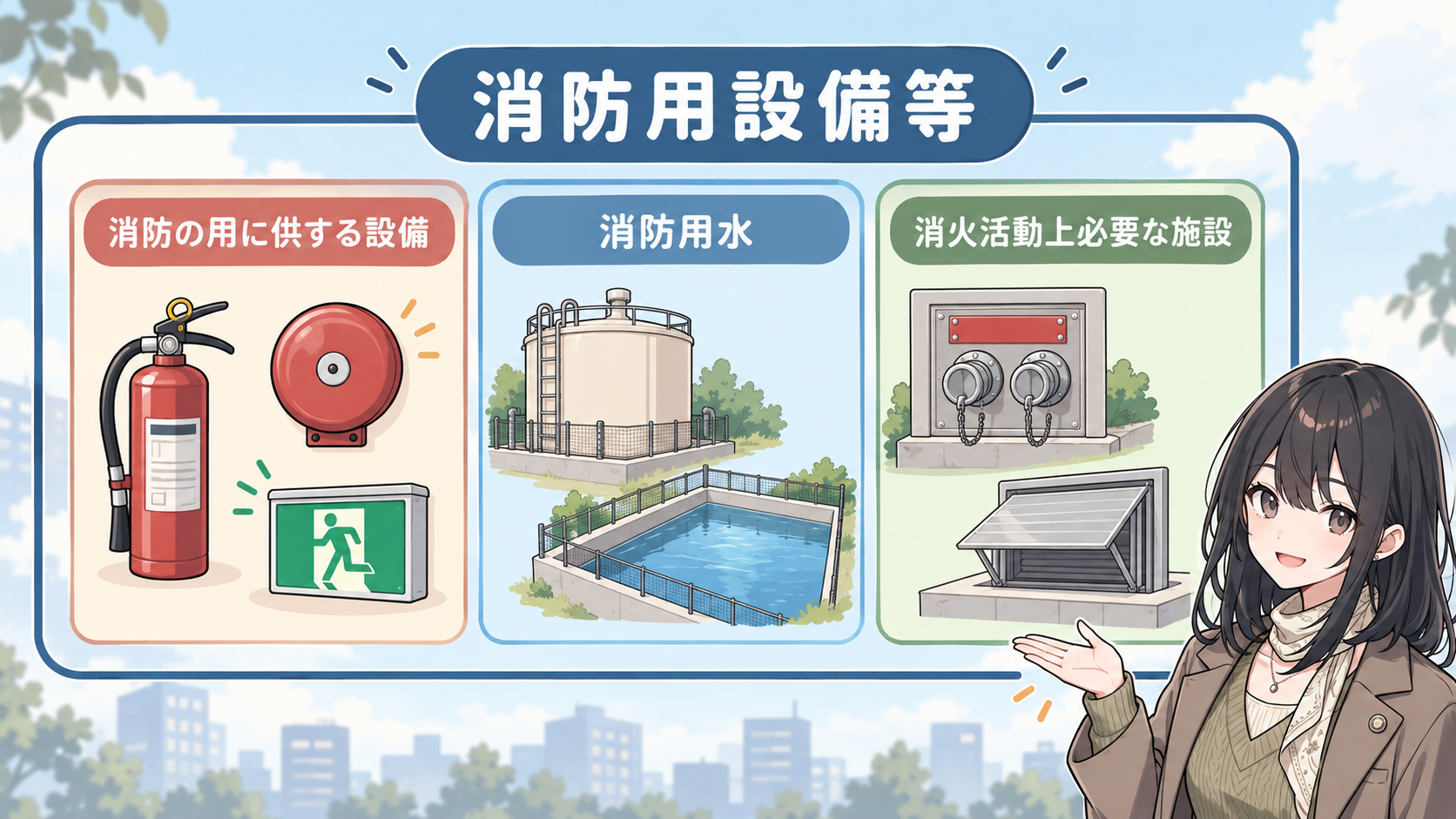 消防用設備等の3つの箱。消防の用に供する設備、消防用水、消火活動上必要な施設
