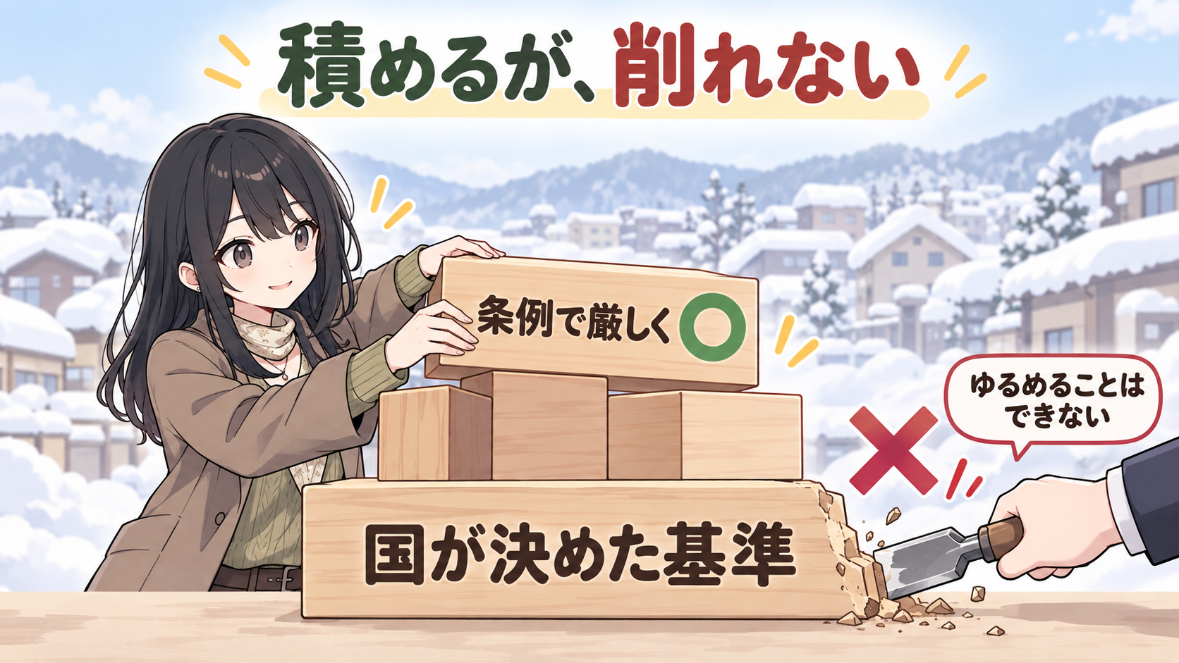 国が決めた基準の土台の上に条例で厳しくの積み木を積むのはマル、土台を削るのはバツ