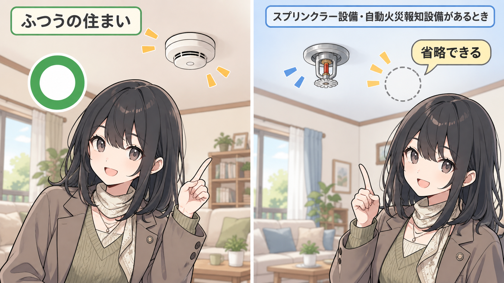 ふつうの住まいは住宅用火災警報器を設置。スプリンクラー設備・自動火災報知設備があるときは省略できる