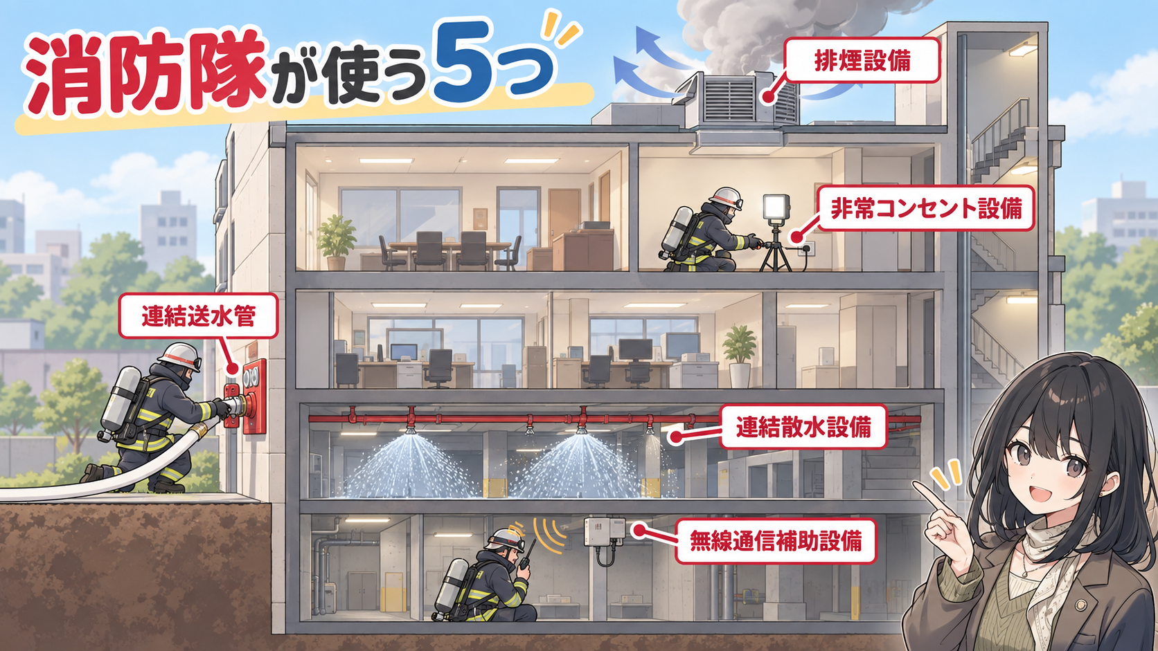 ビルの断面で消防隊員が排煙設備・連結散水設備・連結送水管・非常コンセント設備・無線通信補助設備を使っている