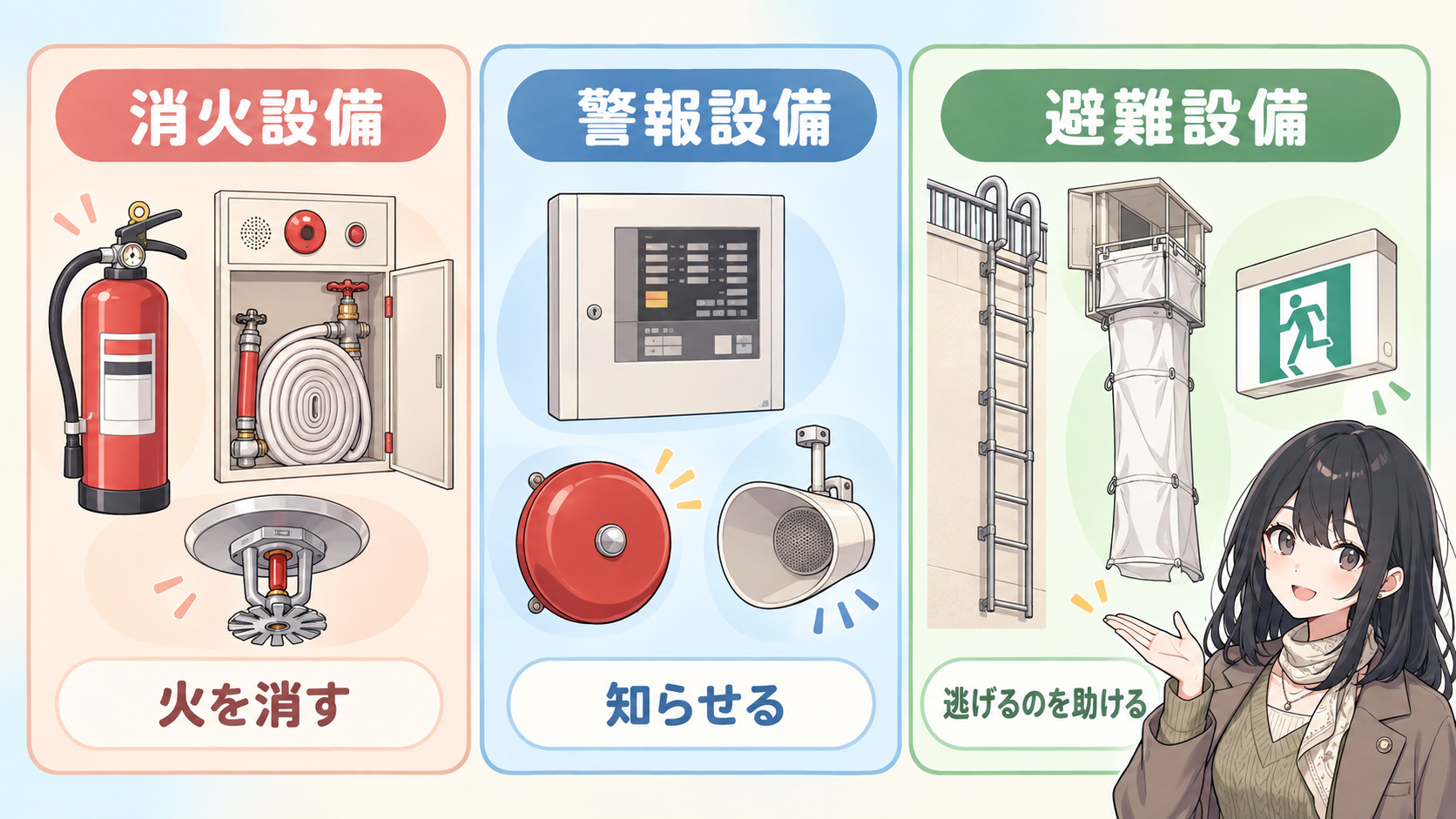 消火設備は火を消す、警報設備は知らせる、避難設備は逃げるのを助ける