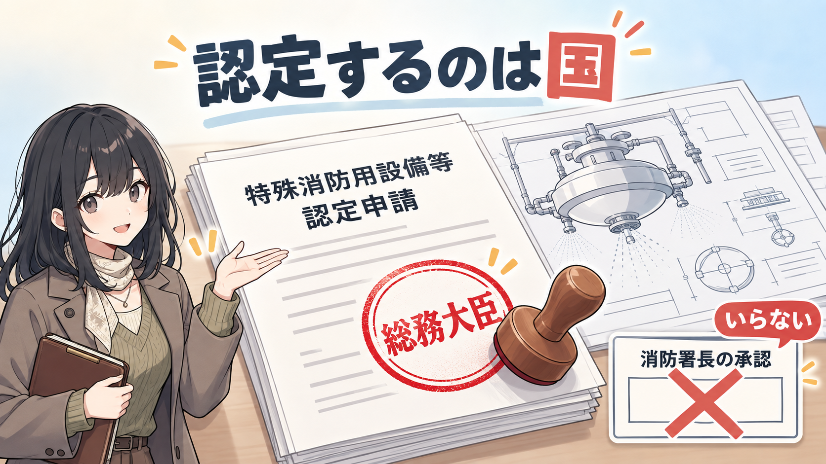 特殊消防用設備等認定申請の書類に総務大臣の印。消防署長の承認欄にはバツと「いらない」の札
