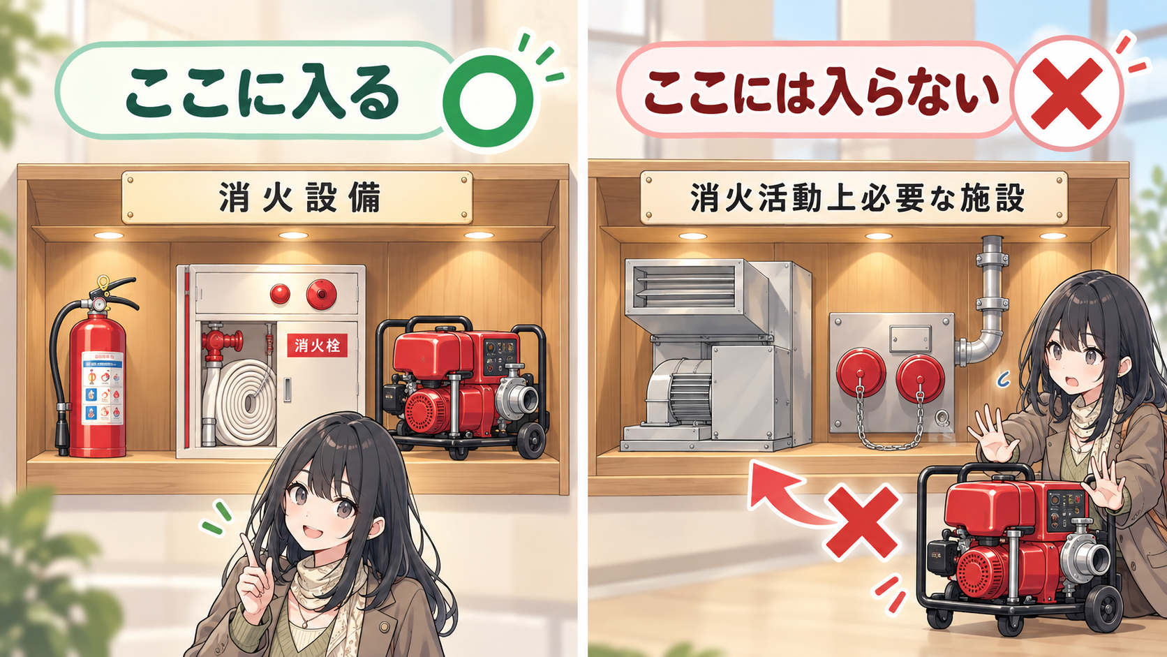 動力消防ポンプは消火設備の棚に入りマル、消火活動上必要な施設の棚にはバツ