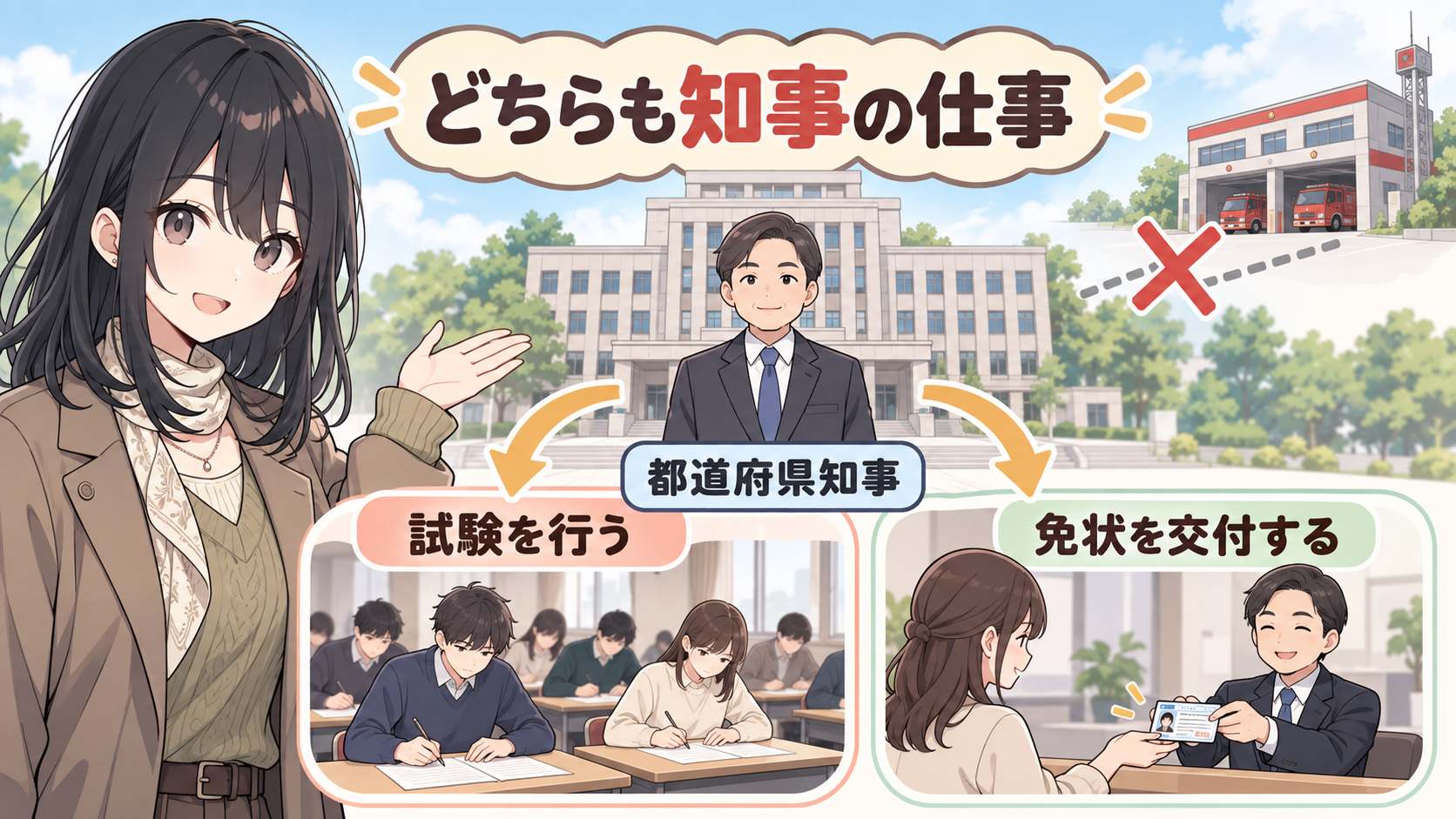 都道府県知事が試験を行い、免状を交付する。消防署からの矢印にはバツ
