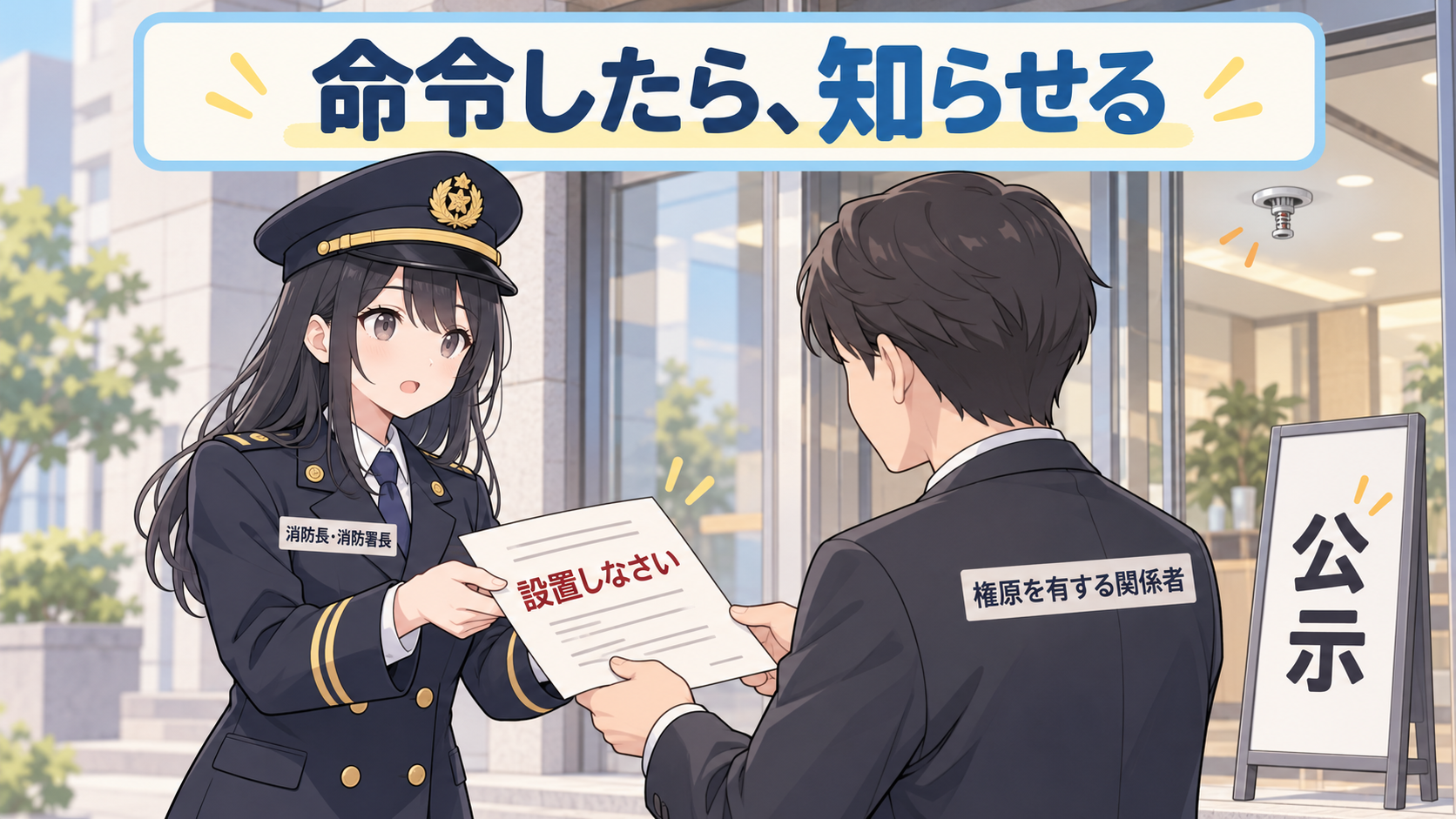 消防長・消防署長が権原を有する関係者に設置しなさいの命令書を渡し、建物の前に公示の標識が立つ