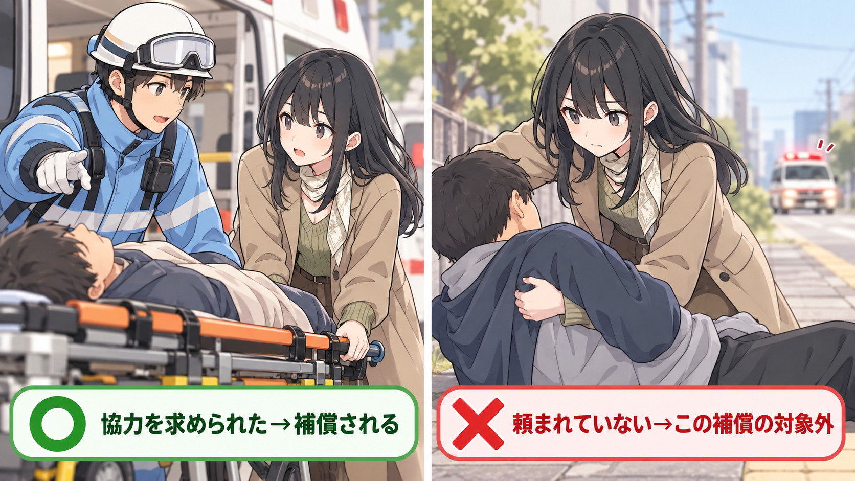 救急隊員に協力を求められて担架を運ぶ人はマルで補償される、頼まれず自分の判断で救護した人はバツでこの補償の対象外