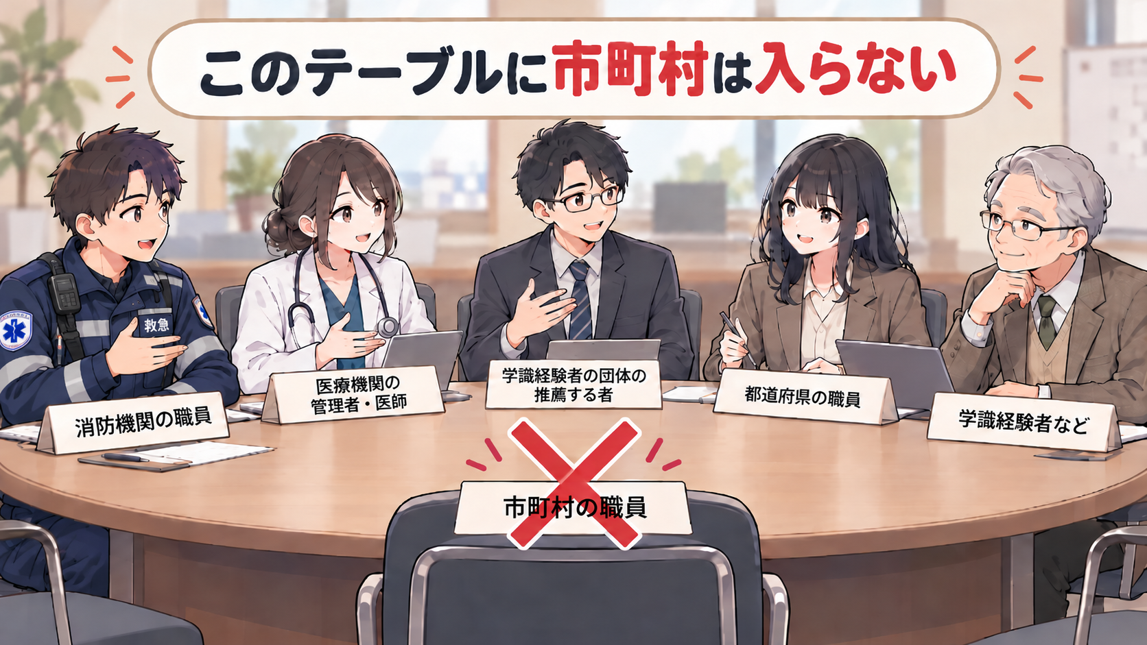 円卓に消防機関の職員・医療機関の管理者等・学識経験者の団体の推薦する者・都道府県の職員・学識経験者が着席。市町村の職員の席にはバツ