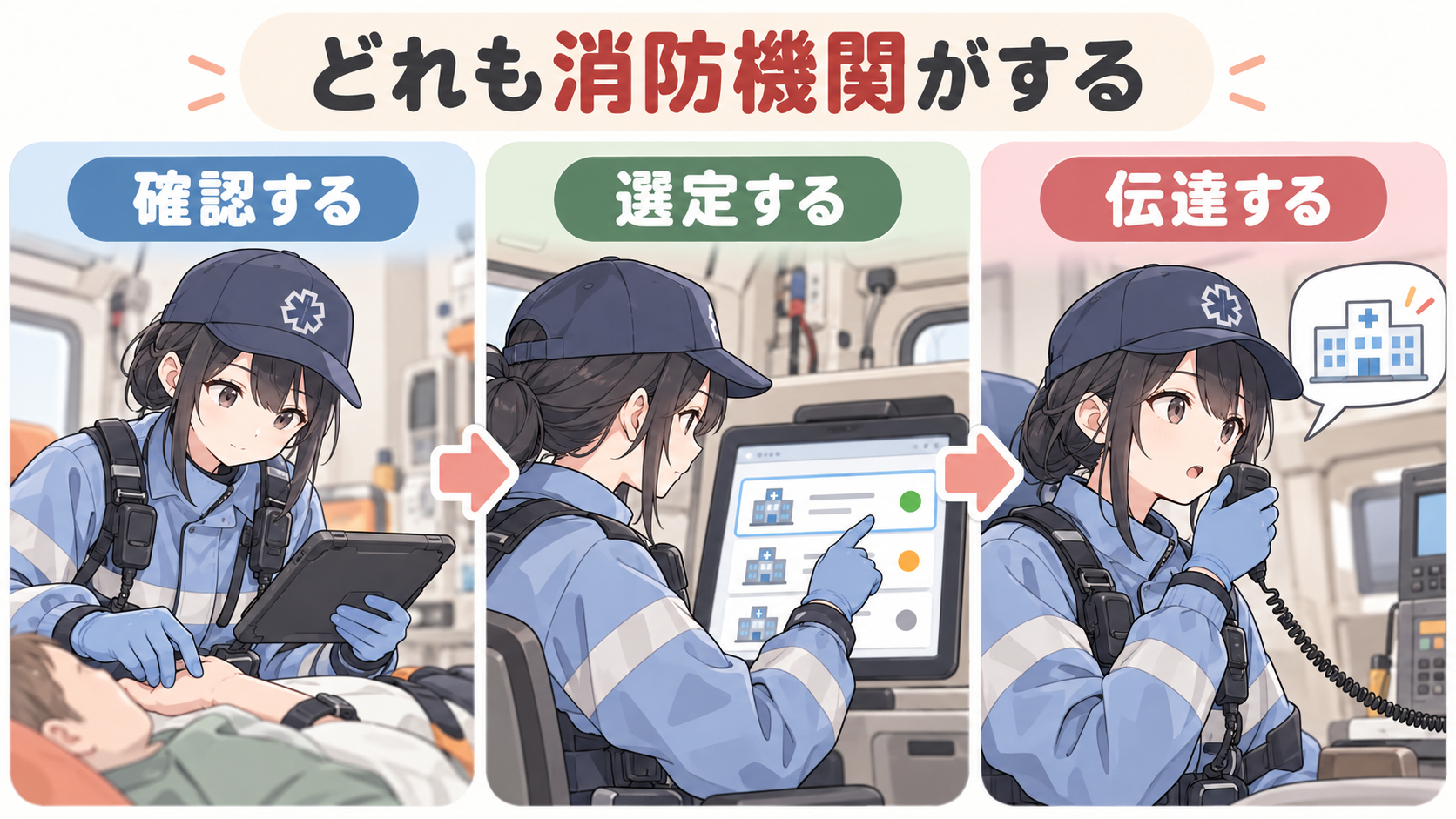 救急隊員が確認する・選定する・伝達するの3ステップ。どれも消防機関がする