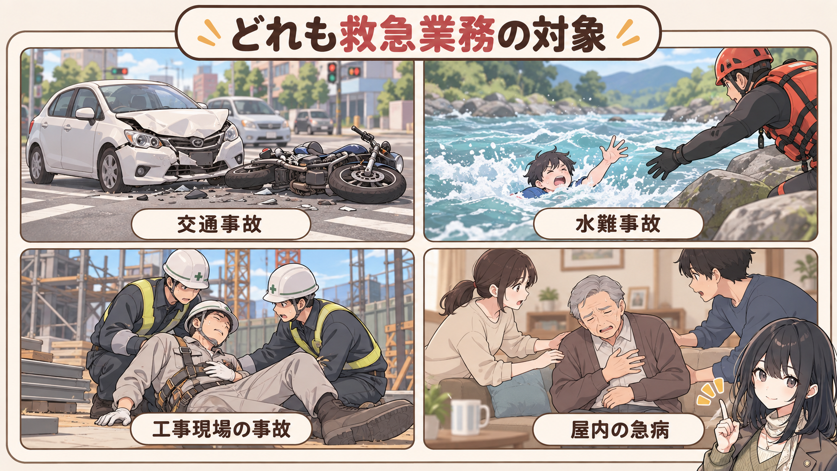 交通事故、水難事故、工事現場の事故、屋内の急病の4場面。どれも救急業務の対象