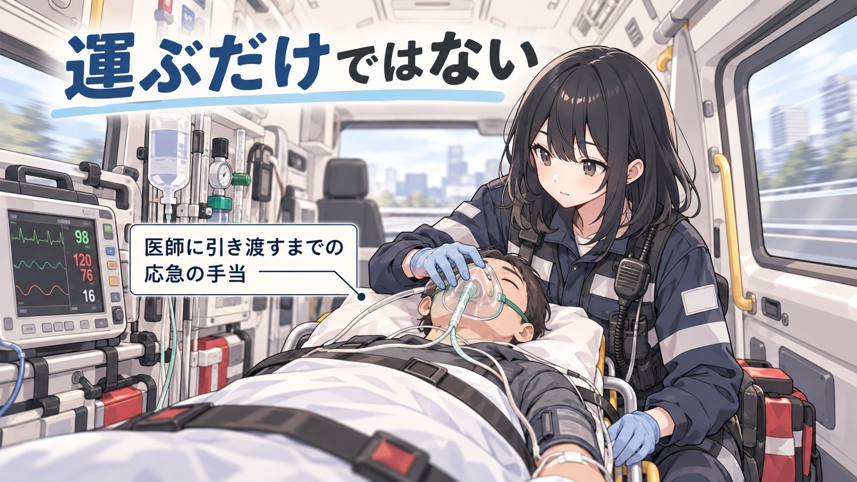走行中の救急車内で救急隊員が酸素マスクを当てて応急の手当をしている場面