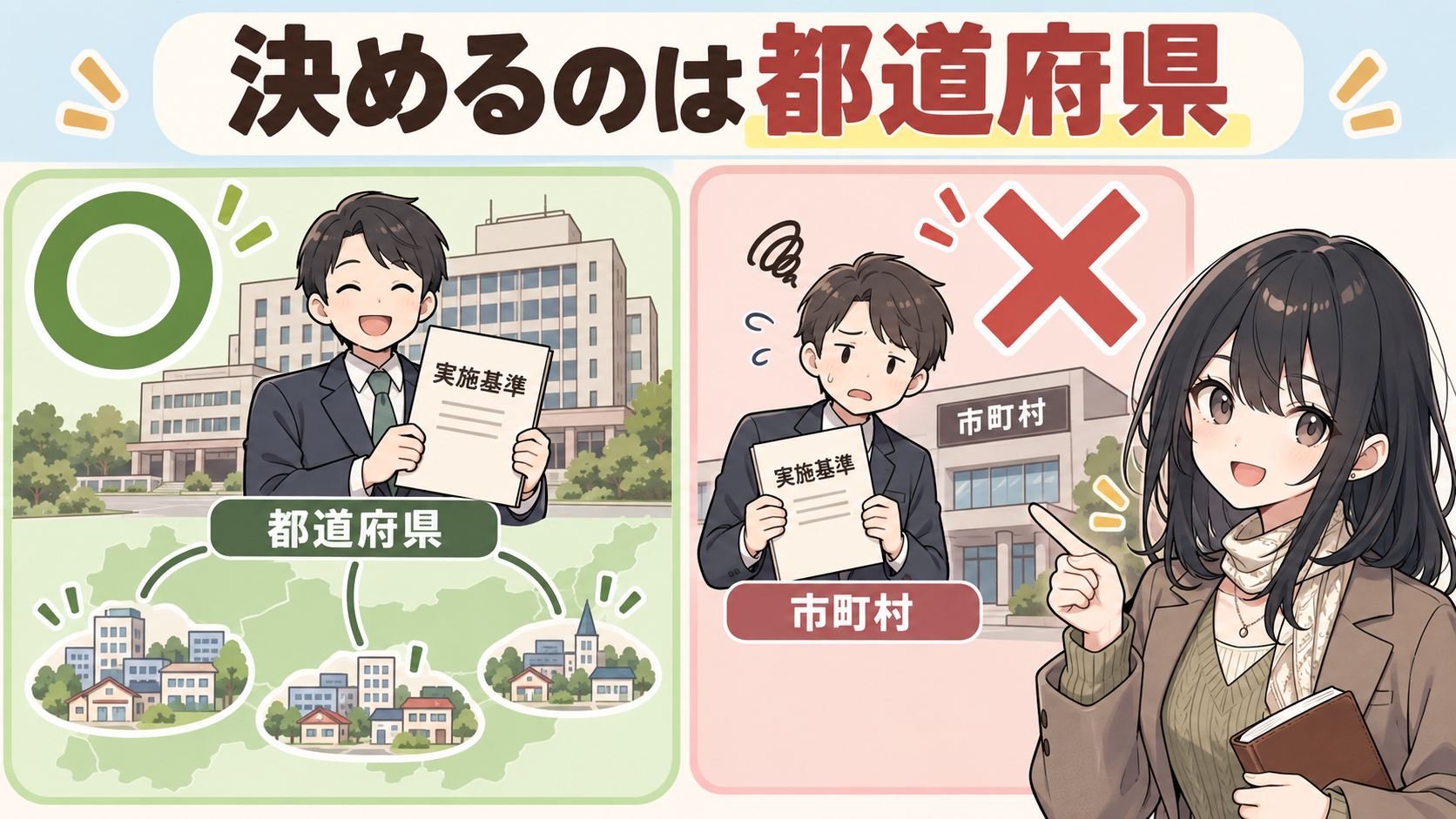 都道府県が実施基準を定めるのはマル、市町村が定めるのはバツ。都道府県の下に複数の市町村が連なる