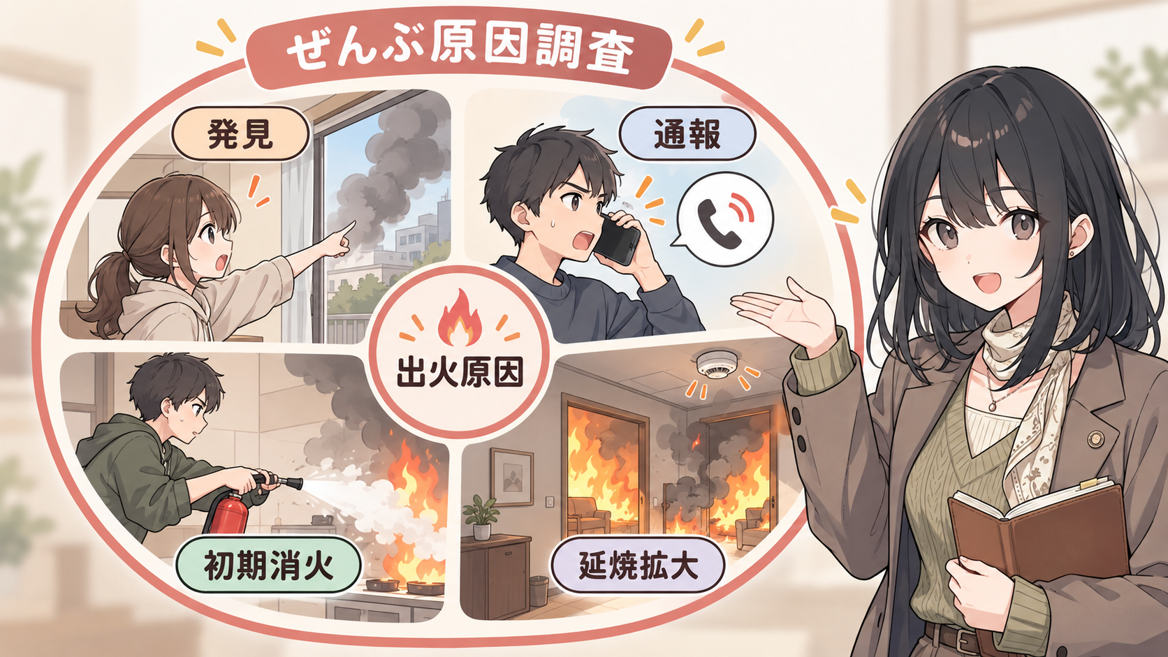 出火原因を中心に、発見・通報・初期消火・延焼拡大が囲んでいる。ぜんぶ原因調査