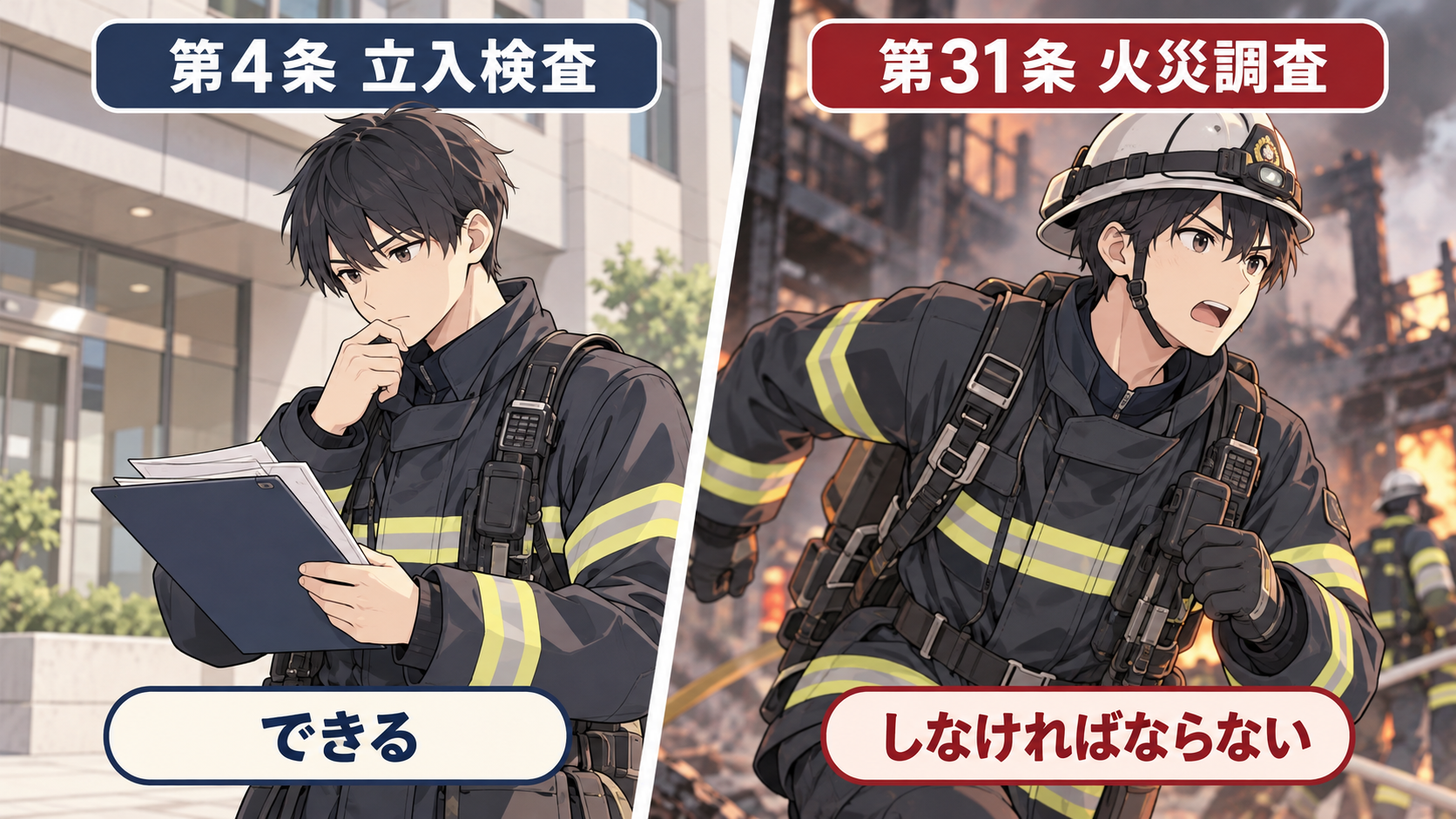 第4条の立入検査は「できる」で判断の余地あり、第31条の火災調査は「しなければならない」で迷わず動く