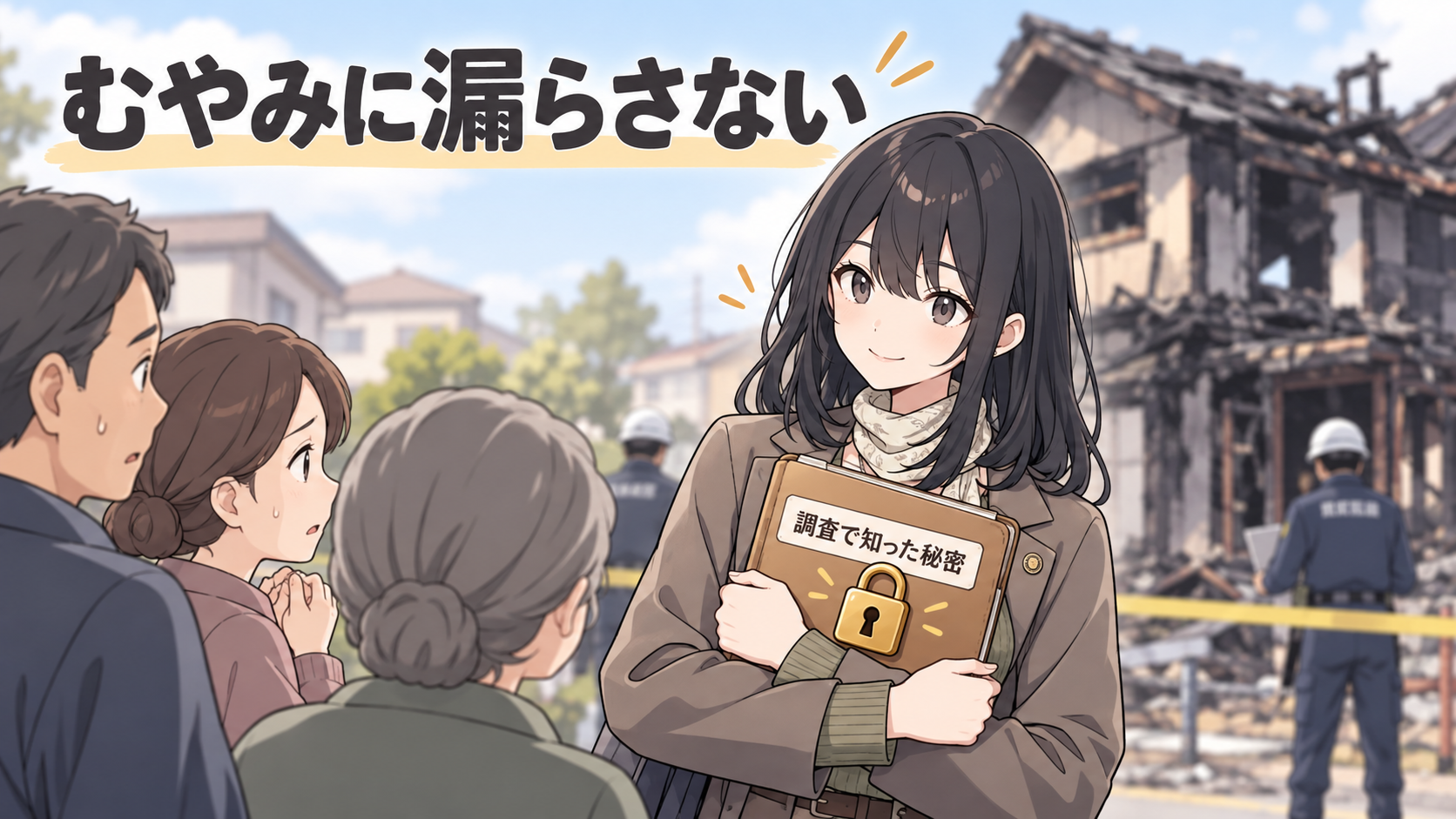 調査員が南京錠のついたファイルを胸に抱え、心配そうな住人に落ち着いてうなずいている
