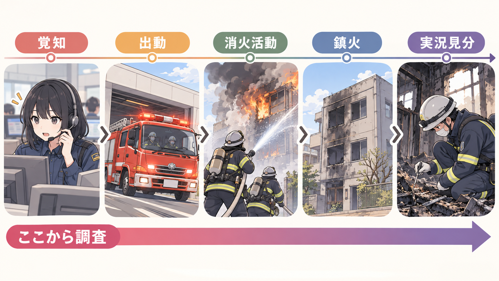 覚知・出動・消火活動・鎮火・実況見分の時間軸。調査の帯は覚知から始まっている