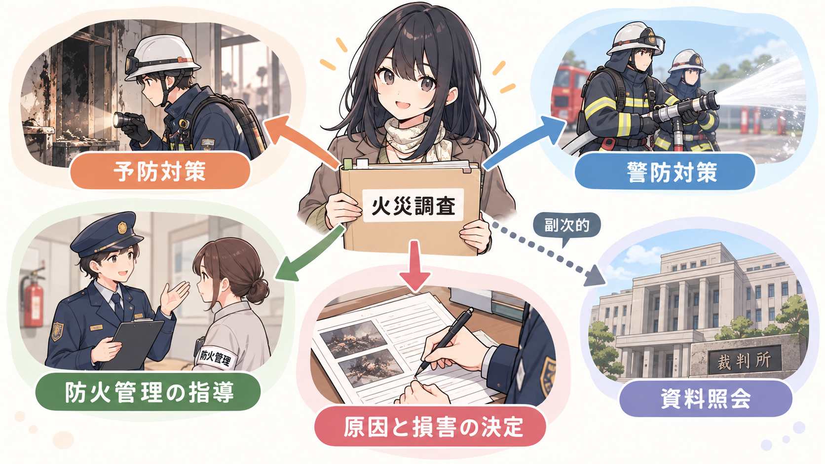 火災調査から予防対策・警防対策・防火管理の指導・原因と損害の決定へ実線の矢印。資料照会へは点線で副次的