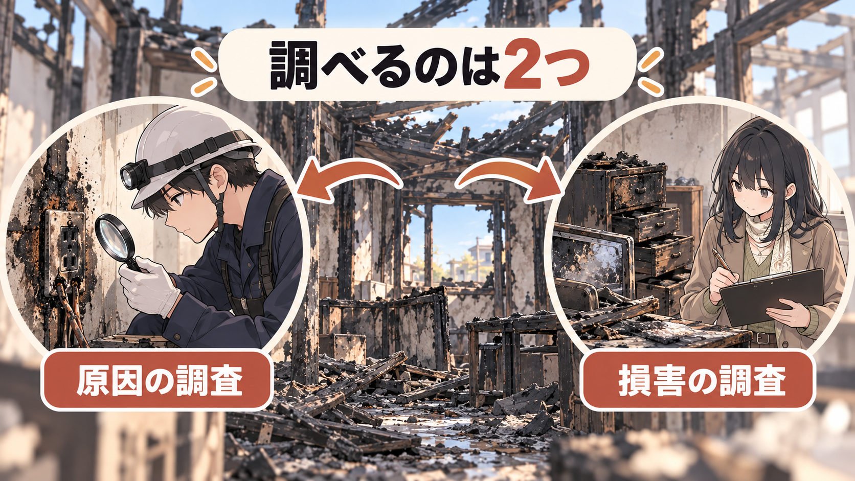 1つの焼け跡から、原因の調査と損害の調査の2つに矢印が分かれる