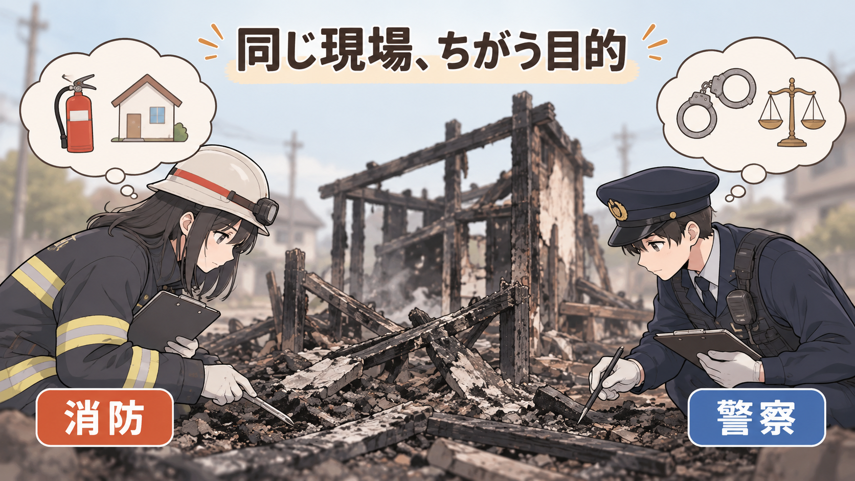 同じ焼け跡を消防と警察が別の目的で調べている。消防は消火器と住宅、警察は手錠と天秤を思い浮かべている