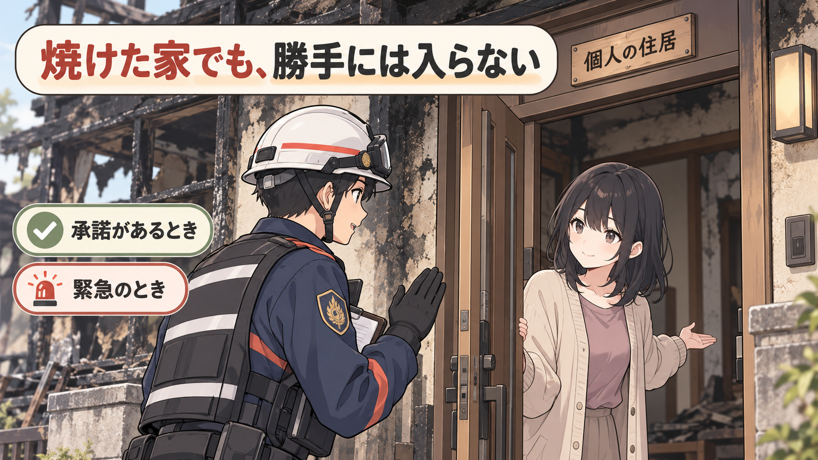 焼けた家の玄関前で調査員が足を止めて住人に確認している。承諾があるとき・緊急のときの札