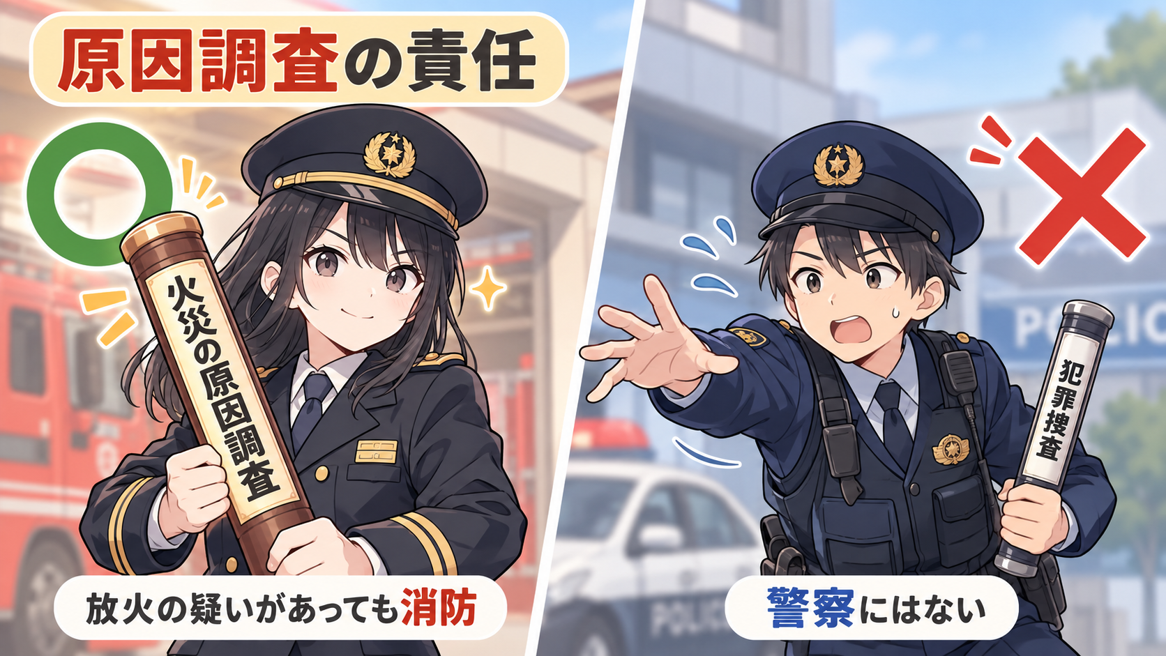 火災の原因調査のバトンを持つのは消防長でマル、警察は手を伸ばしても届かずバツ。警察は犯罪捜査のバトンを持つ