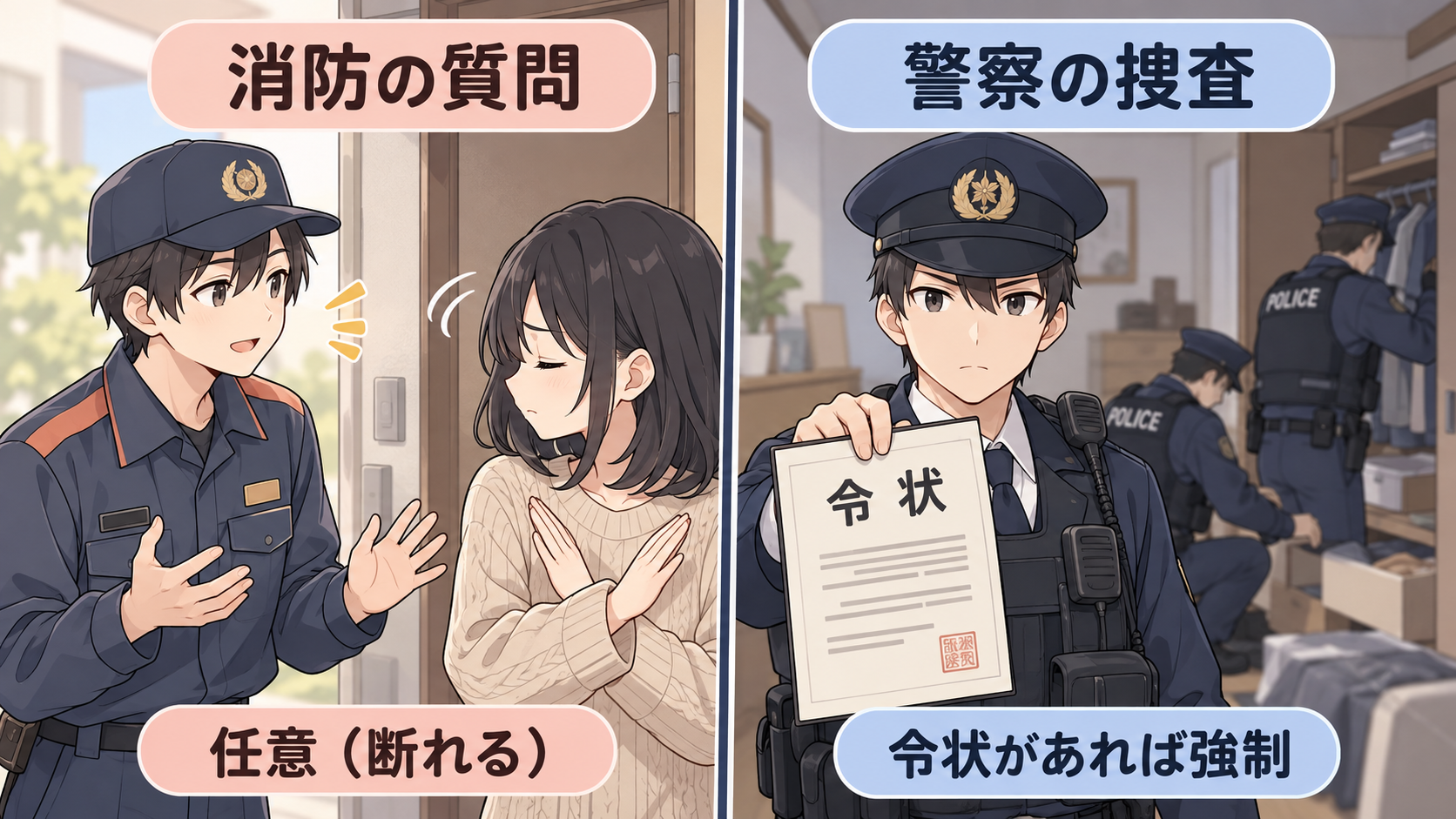 消防の質問は断られたら引き下がる任意、警察は令状を掲げて強制捜査ができる