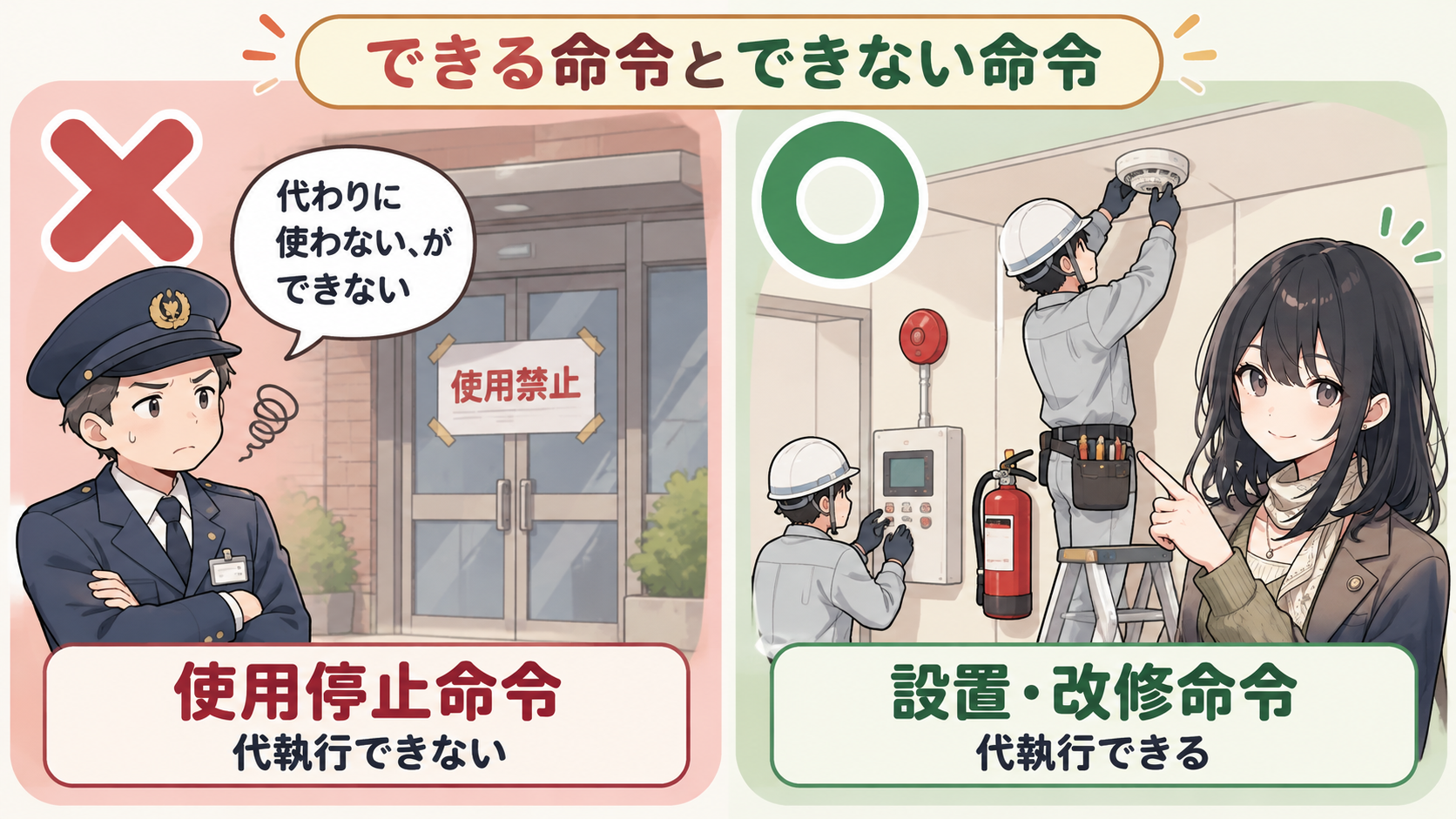 使用停止命令は代執行できずバツ、設置・改修命令は業者が取り付けられるのでマル