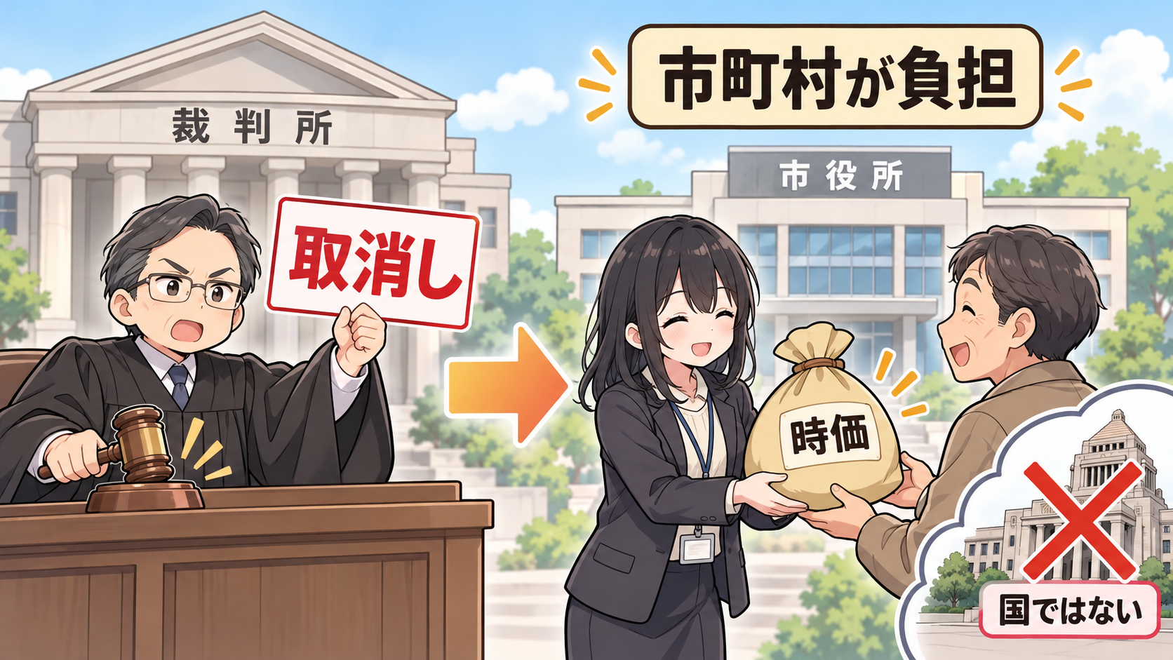 裁判所が取消しの判決を出し、市役所の職員が時価と書かれたお金の袋を持ち主に渡す。国ではない