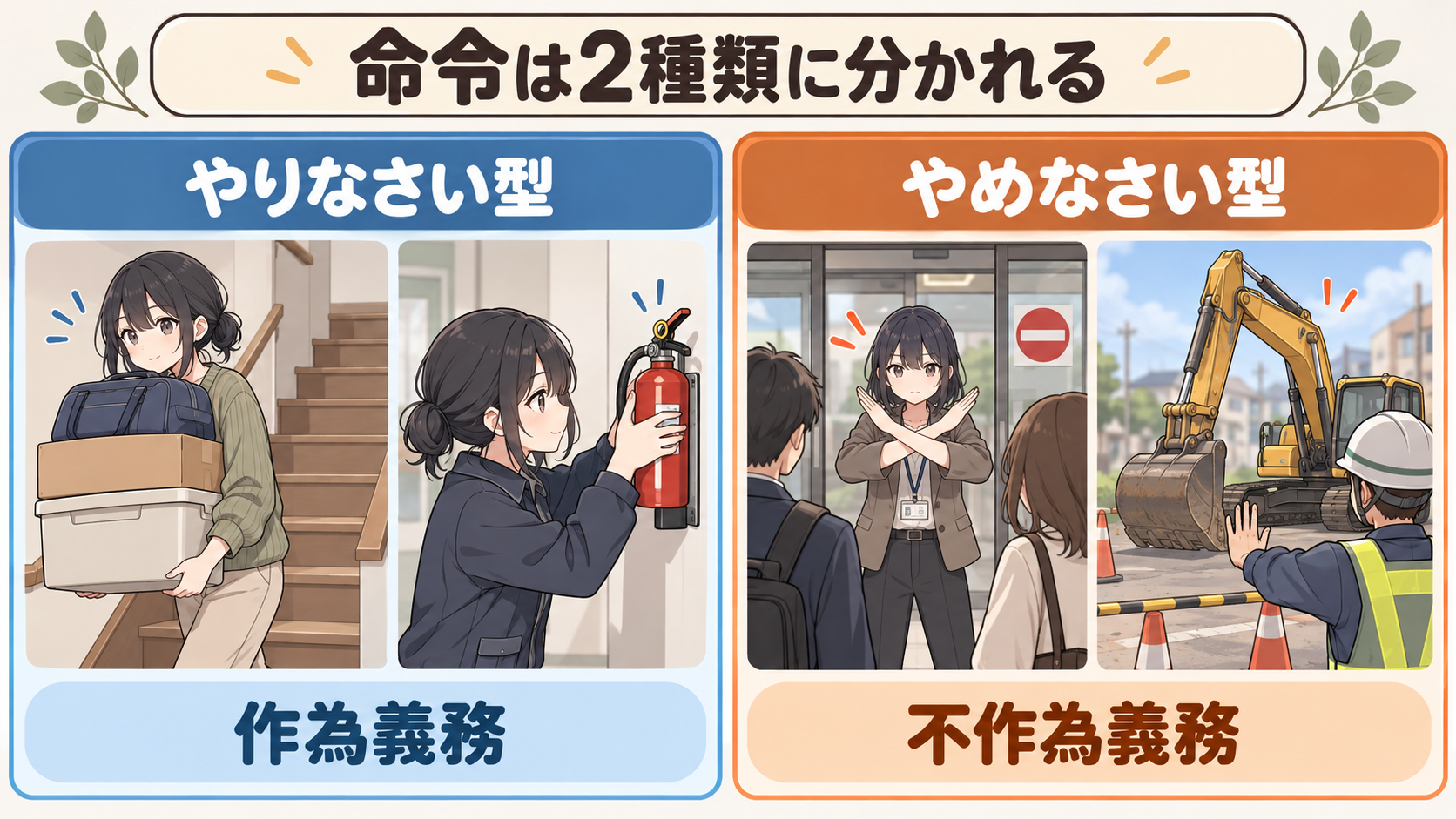 やりなさい型は荷物を運ぶ人と消火器をつける人、やめなさい型は入口で止める人と工事を止める人