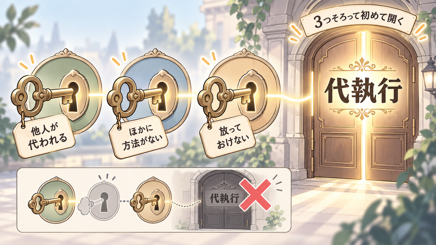 他人が代われる・ほかに方法がない・放っておけないの3つの鍵がそろって代執行の扉が開く