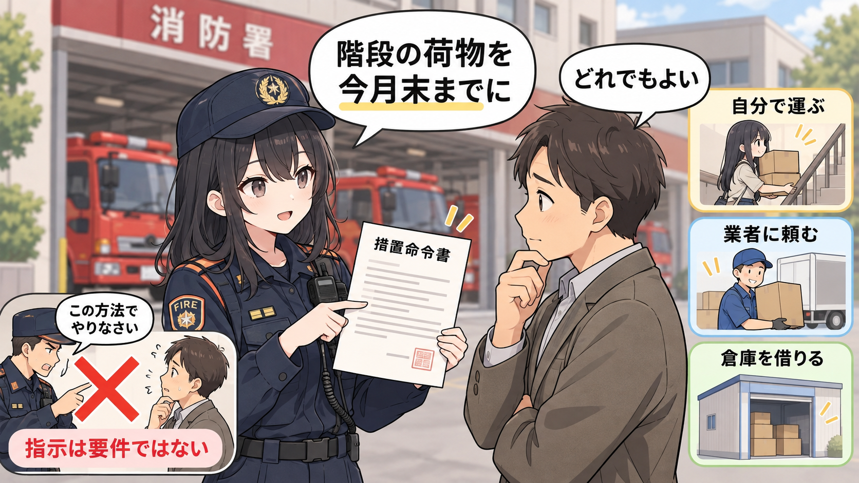 消防署員が措置命令書を示し、持ち主が自分で運ぶ・業者に頼む・倉庫を借りるから自由に選べる