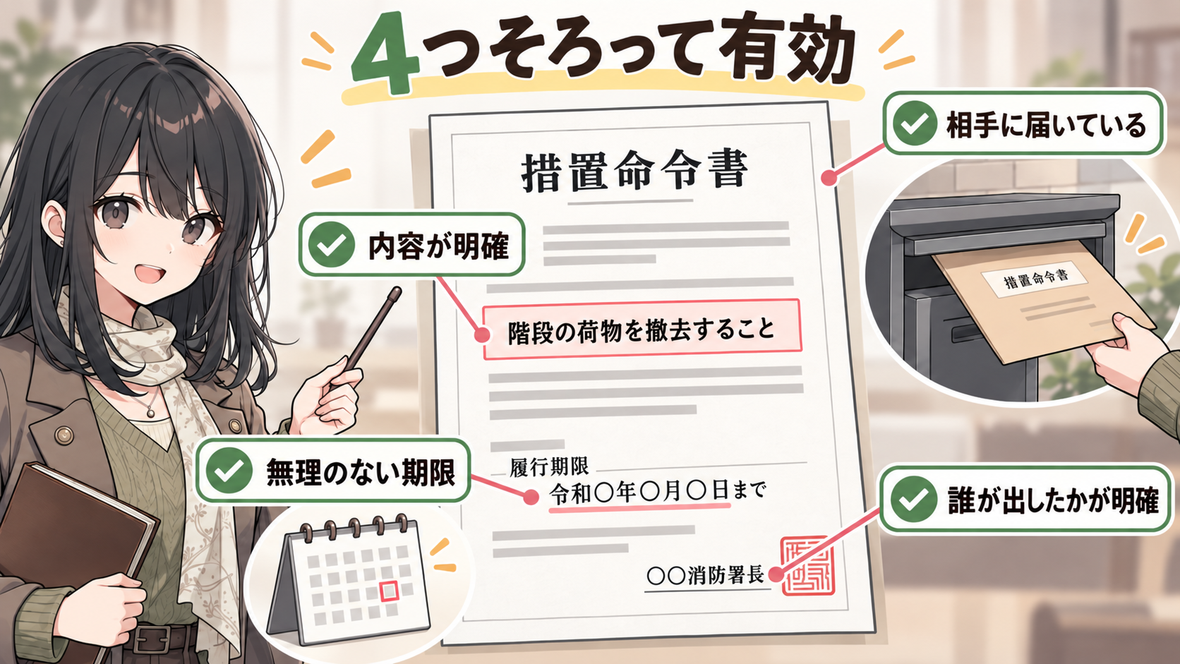 措置命令書の署名欄・ポストへの到達・具体的な内容・履行期限の4か所にチェックマーク