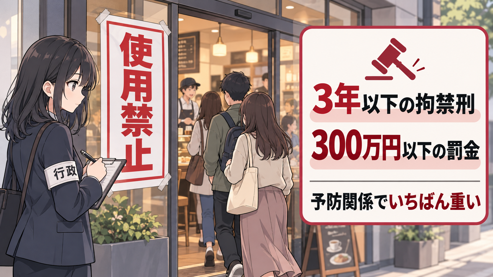 使用禁止の貼り紙があるのに客が次々に店へ入っていき、外で調査員が記録している。3年以下の拘禁刑、300万円以下の罰金