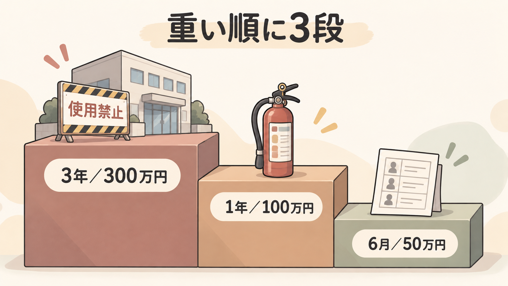 3年300万円・1年100万円・6月50万円の3段の階段に、使用禁止の建物・消火器・名簿が置かれている