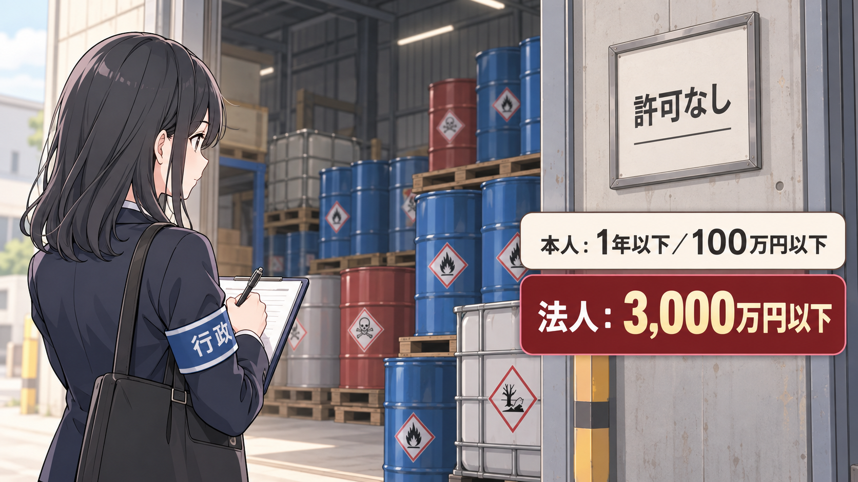 許可なしの札が貼られた倉庫に危険物のドラム缶が積まれ、本人1年以下100万円以下・法人3000万円以下
