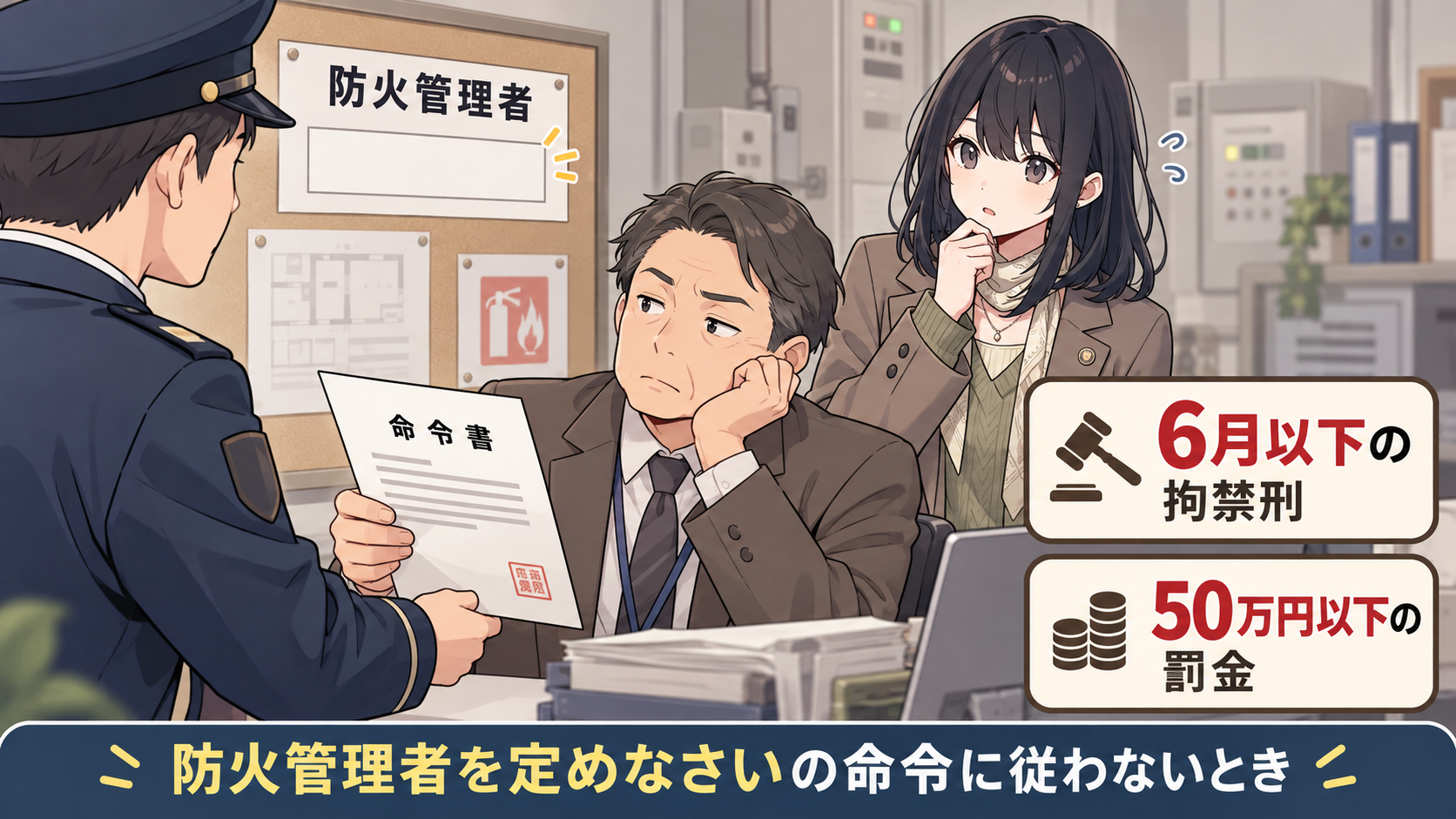 防火管理者の掲示板が空欄のまま。消防職員が命令書を差し出している。6月以下の拘禁刑、50万円以下の罰金