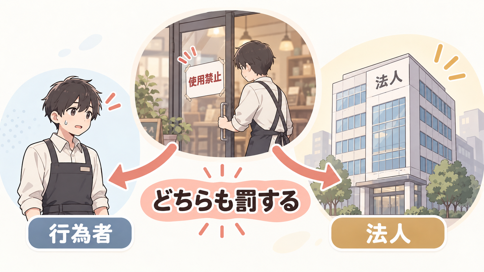 使用禁止の貼り紙がある店を開ける従業員から、行為者本人と法人のビルの両方へ矢印が伸びている