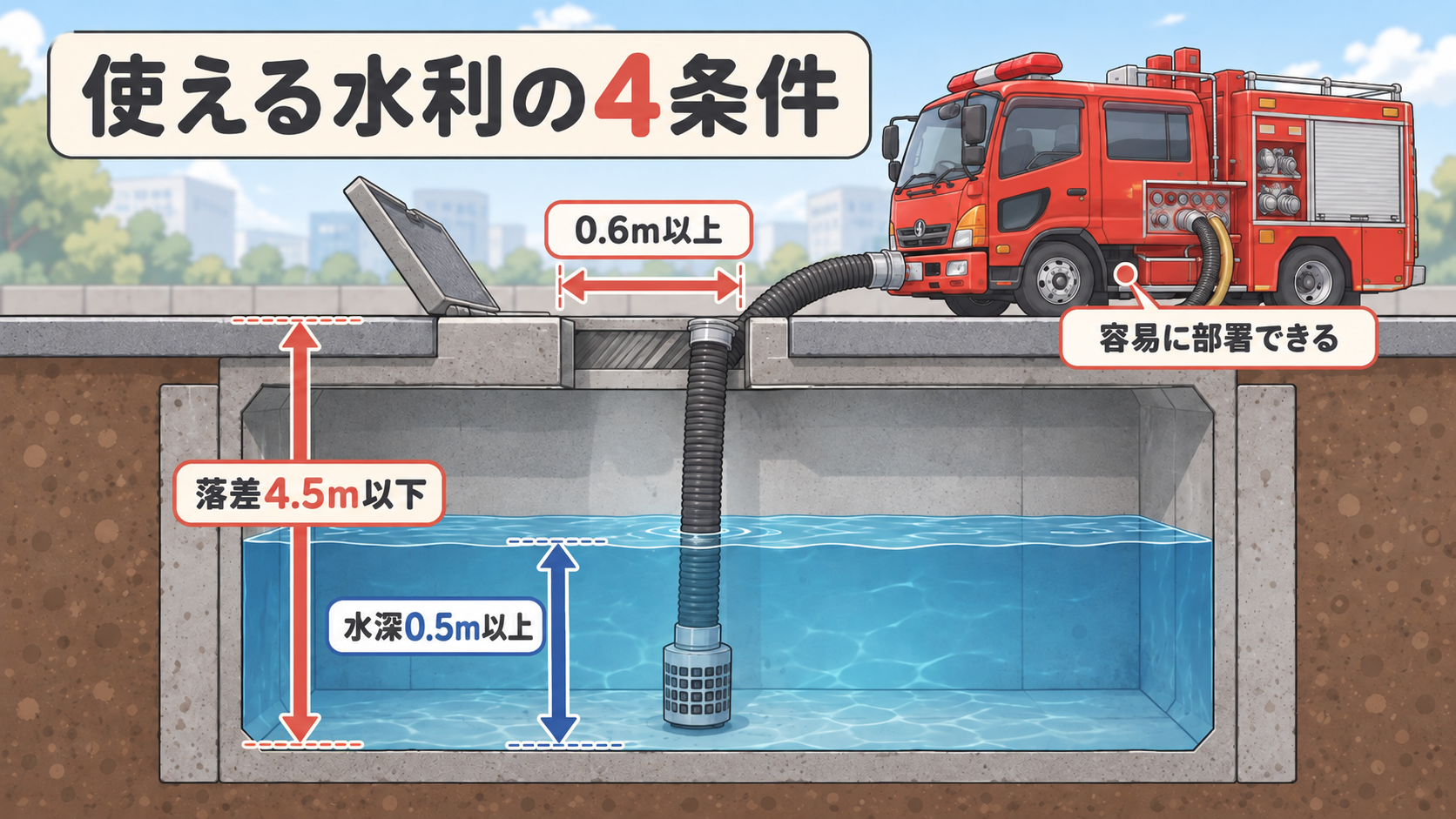 地下式防火水槽の断面図。落差4.5m以下、水深0.5m以上、投入孔0.6m以上、ポンプ車が容易に部署できる