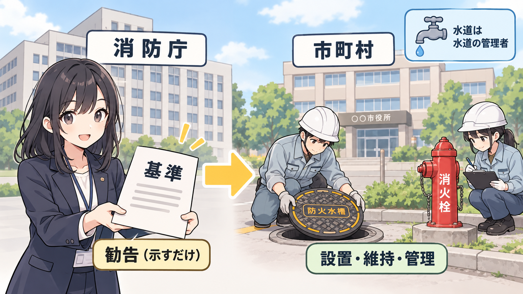消防庁が基準の紙を示して勧告し、市町村の作業員が防火水槽と消火栓を設置・点検している