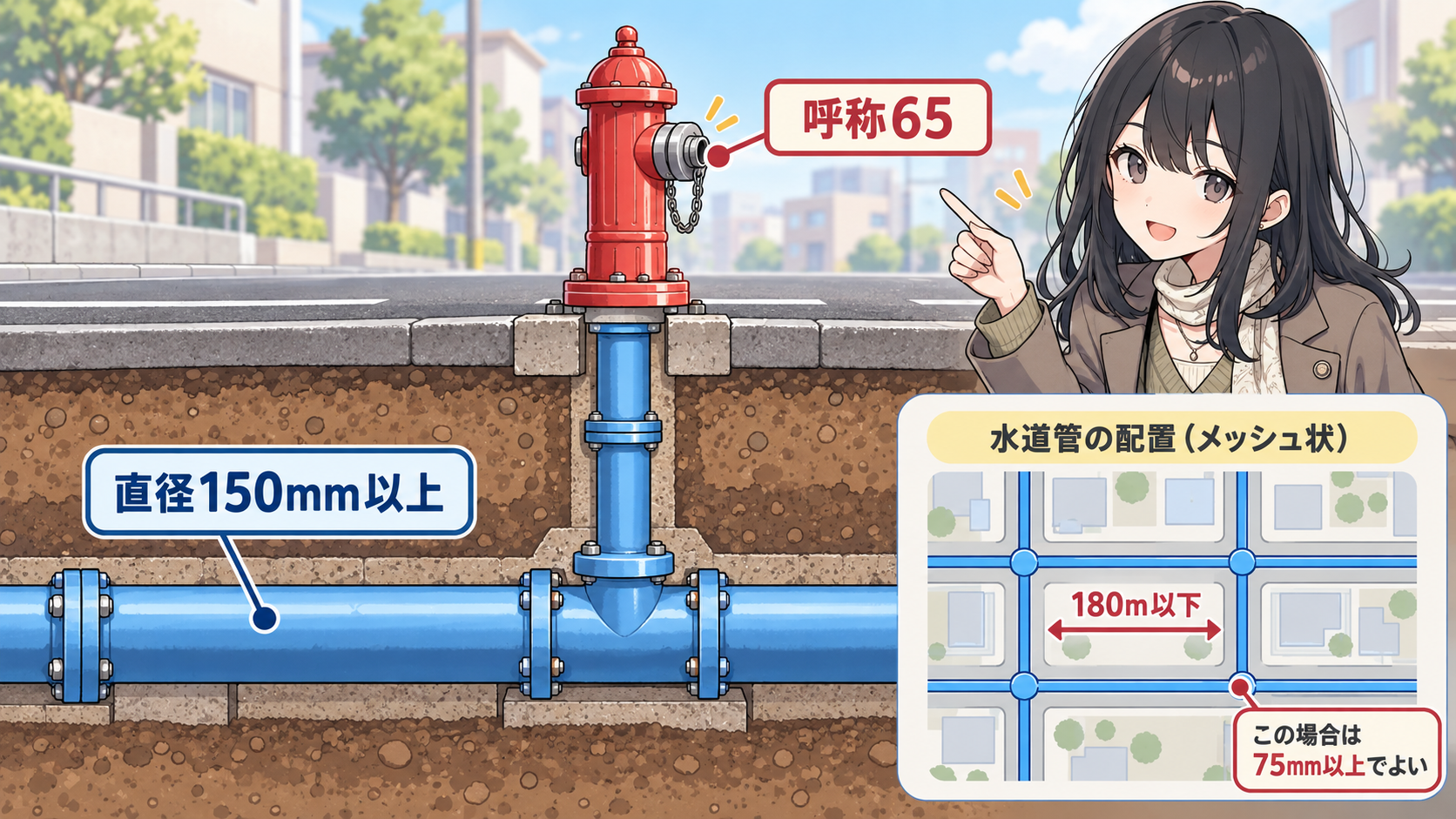消火栓の接続口が呼称65、地下の水道管が直径150mm以上。管網の一辺180m以下なら75mm以上でよい