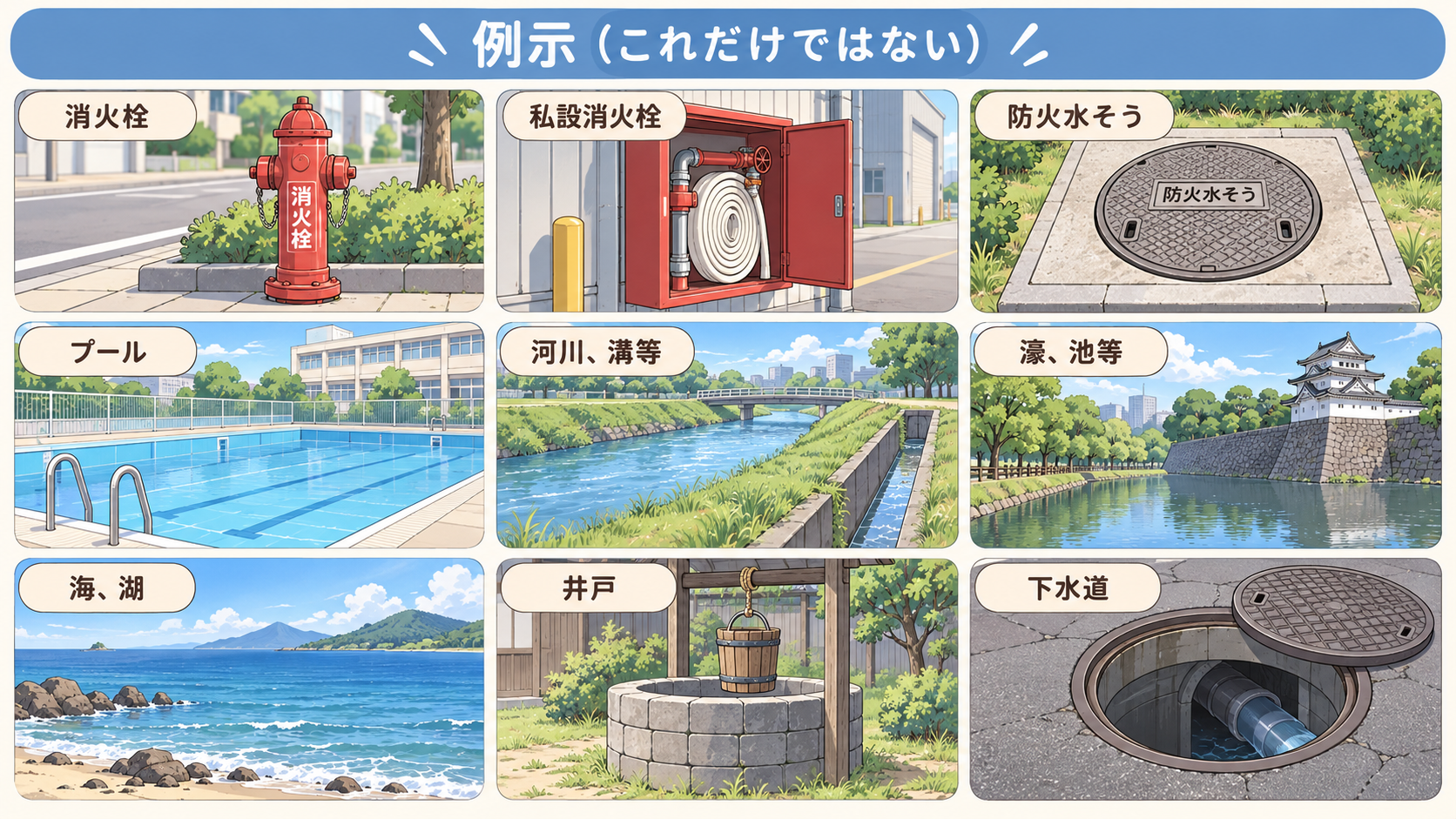 消火栓・私設消火栓・防火水そう・プール・河川溝等・濠池等・海湖・井戸・下水道の9種類