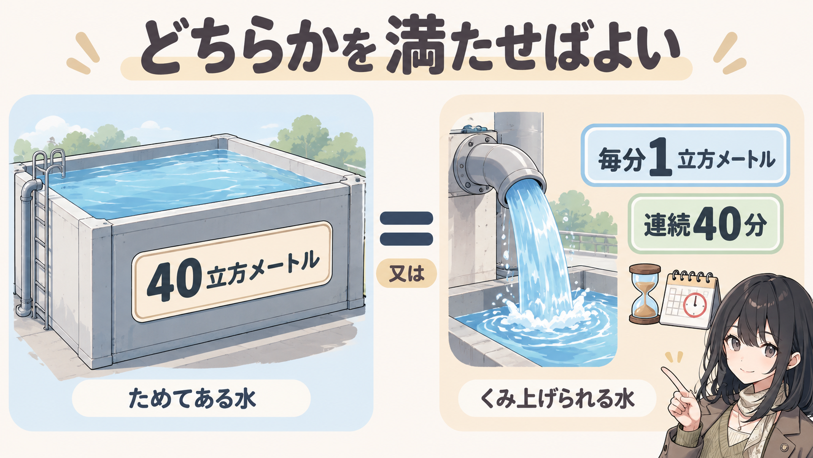 40立方メートルの貯水槽と、毎分1立方メートルを連続40分くみ上げる水が等号で結ばれている