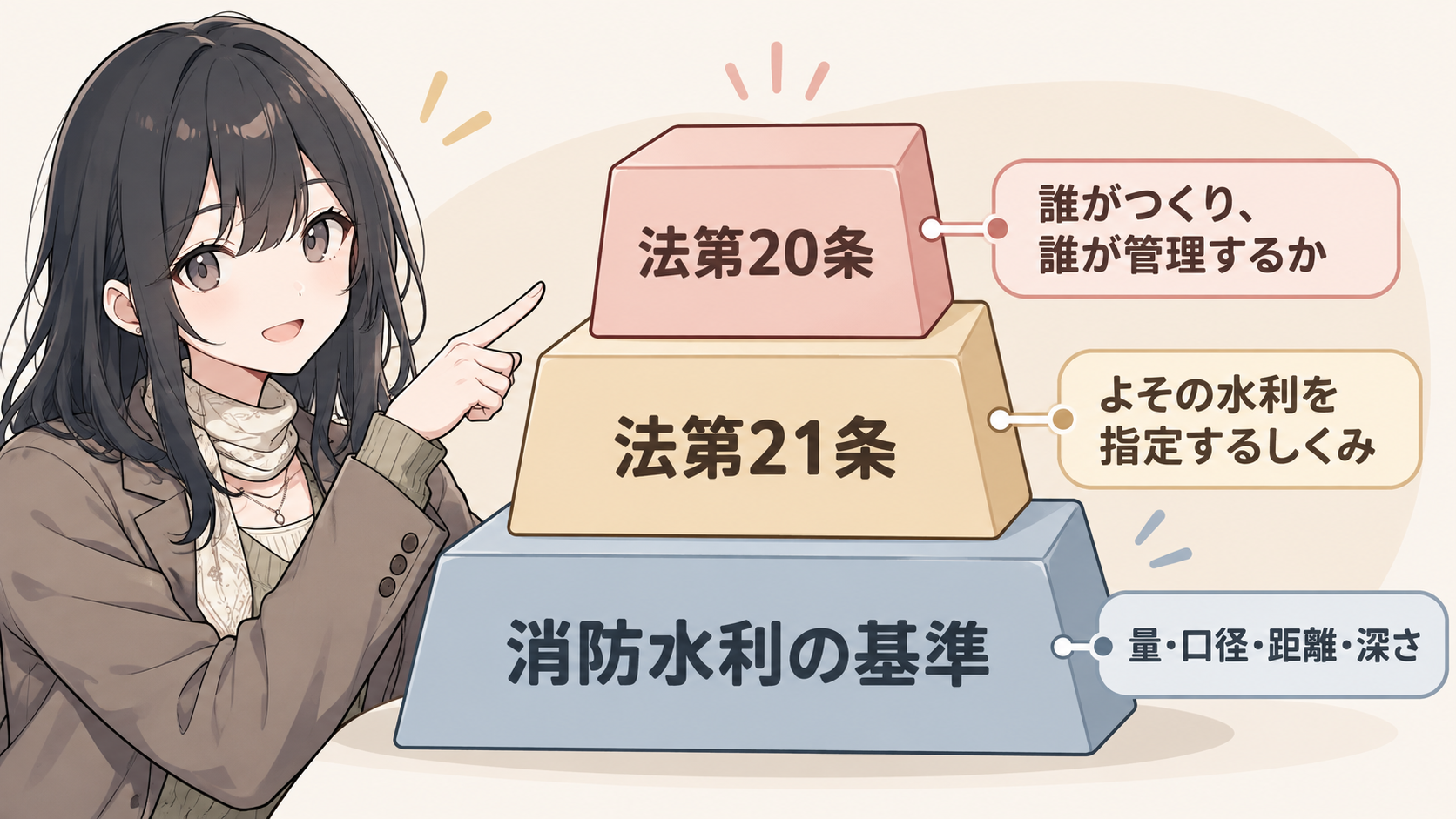 法第20条・法第21条・消防水利の基準の3段のブロックが積み重なっている