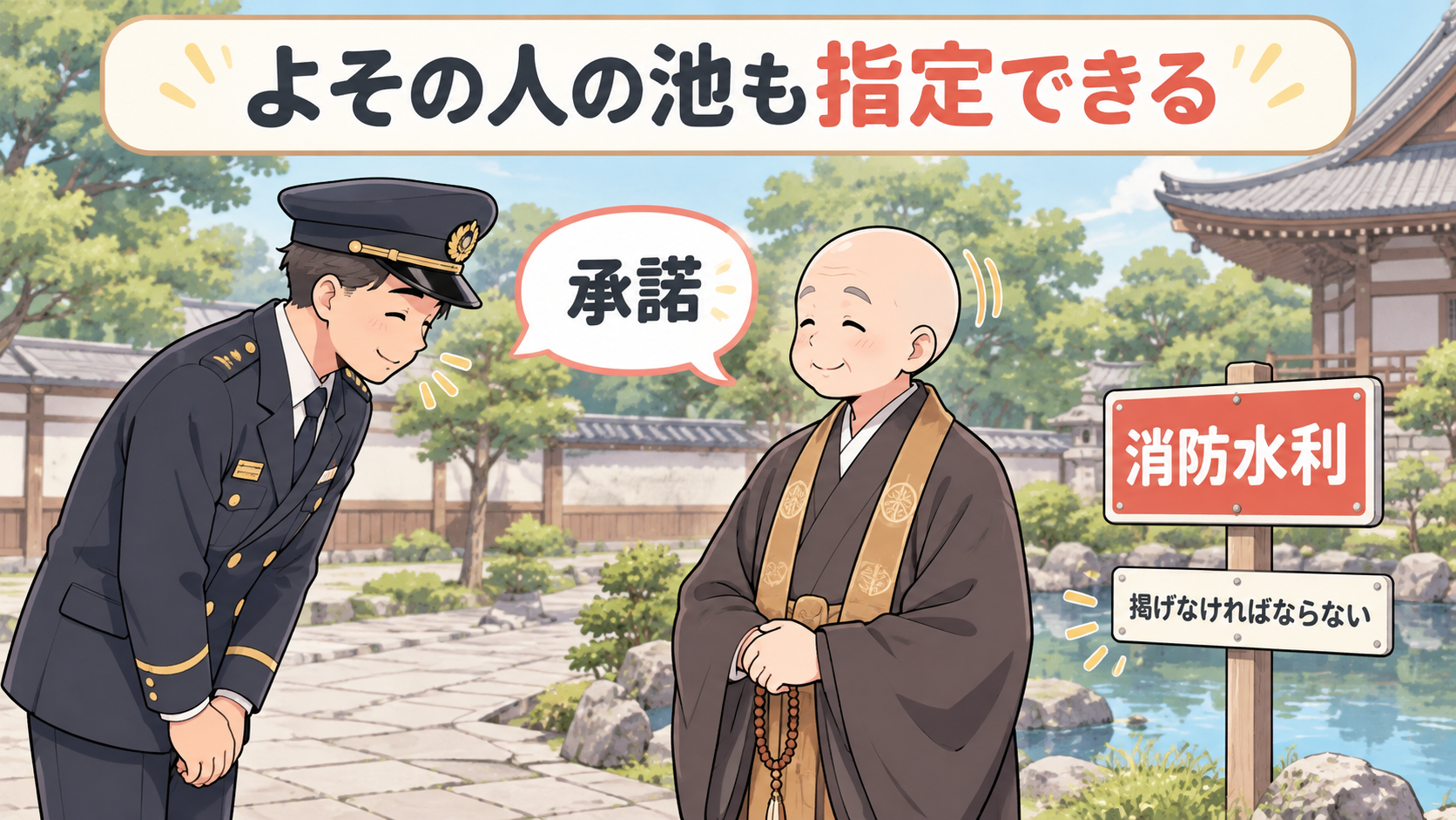 お寺の池のそばで消防署長が住職に頭を下げて承諾をもらい、池のほとりに消防水利の標識が立っている
