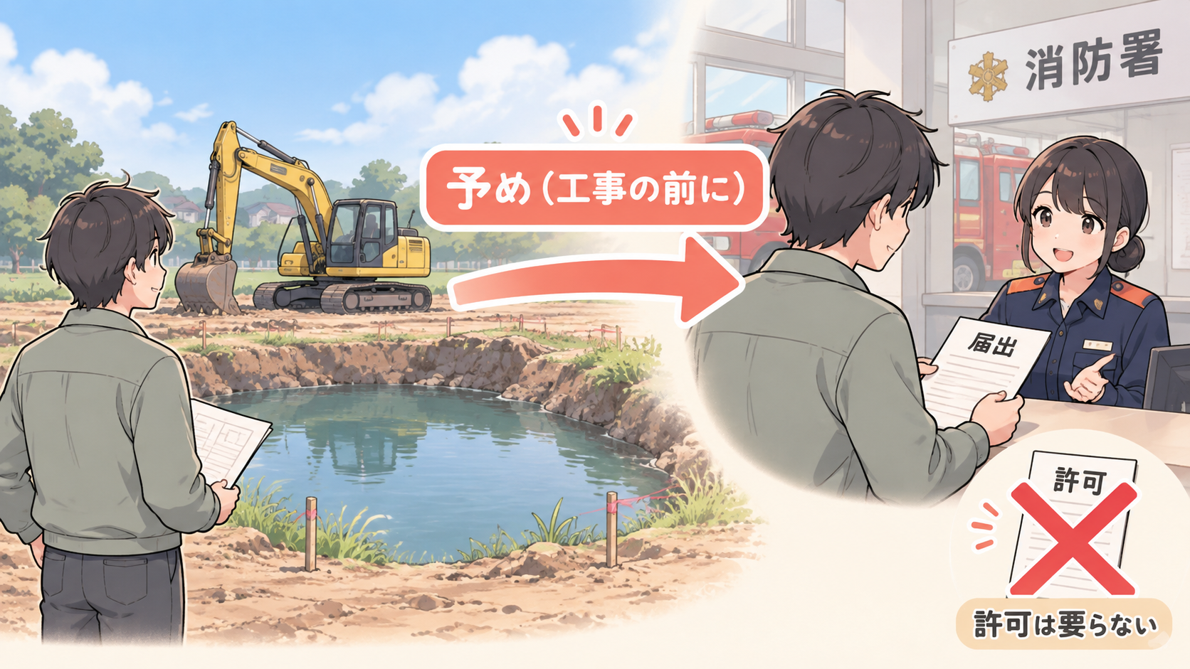 池を埋める工事の前に、持ち主が消防署の窓口で届出を提出している。許可の書類にはバツ
