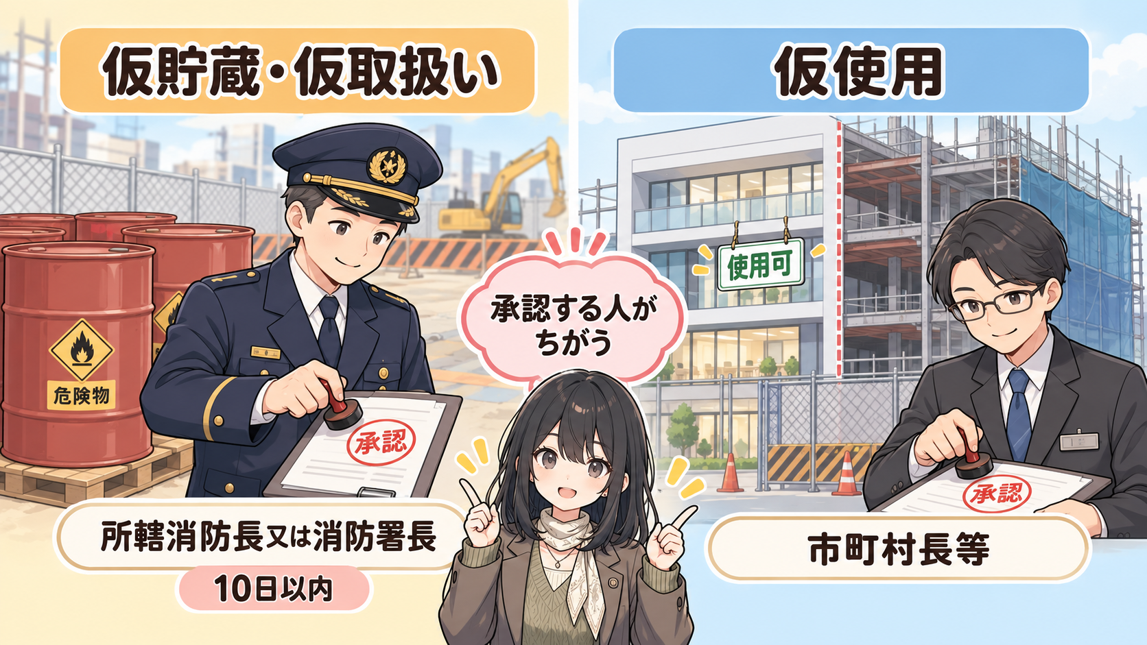 仮貯蔵・仮取扱いは所轄消防長又は消防署長が10日以内、仮使用は市町村長等が承認
